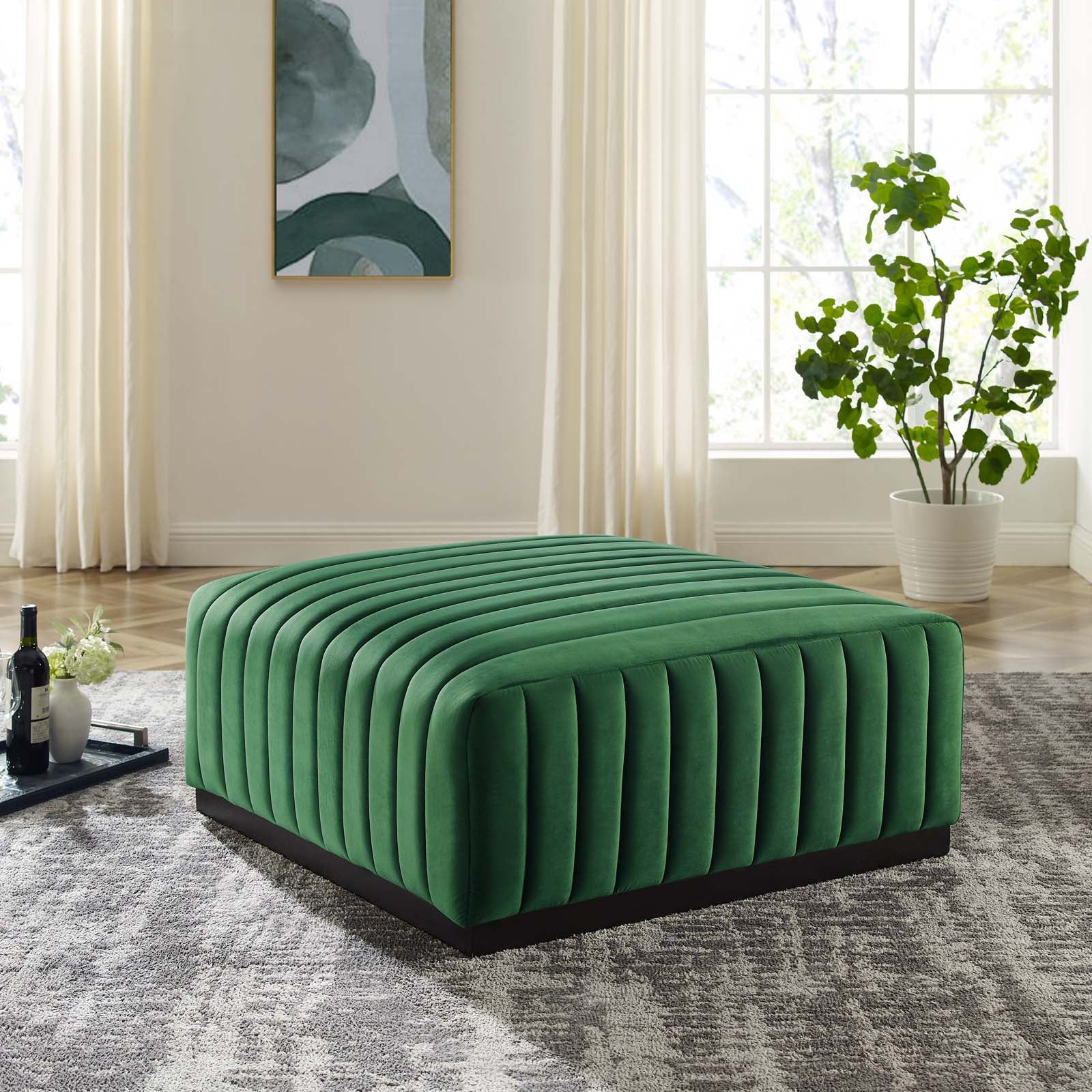 Modway Ottomans & Stools - Conjure Channel Tufted Performance Velvet Ottoman Black Emerald