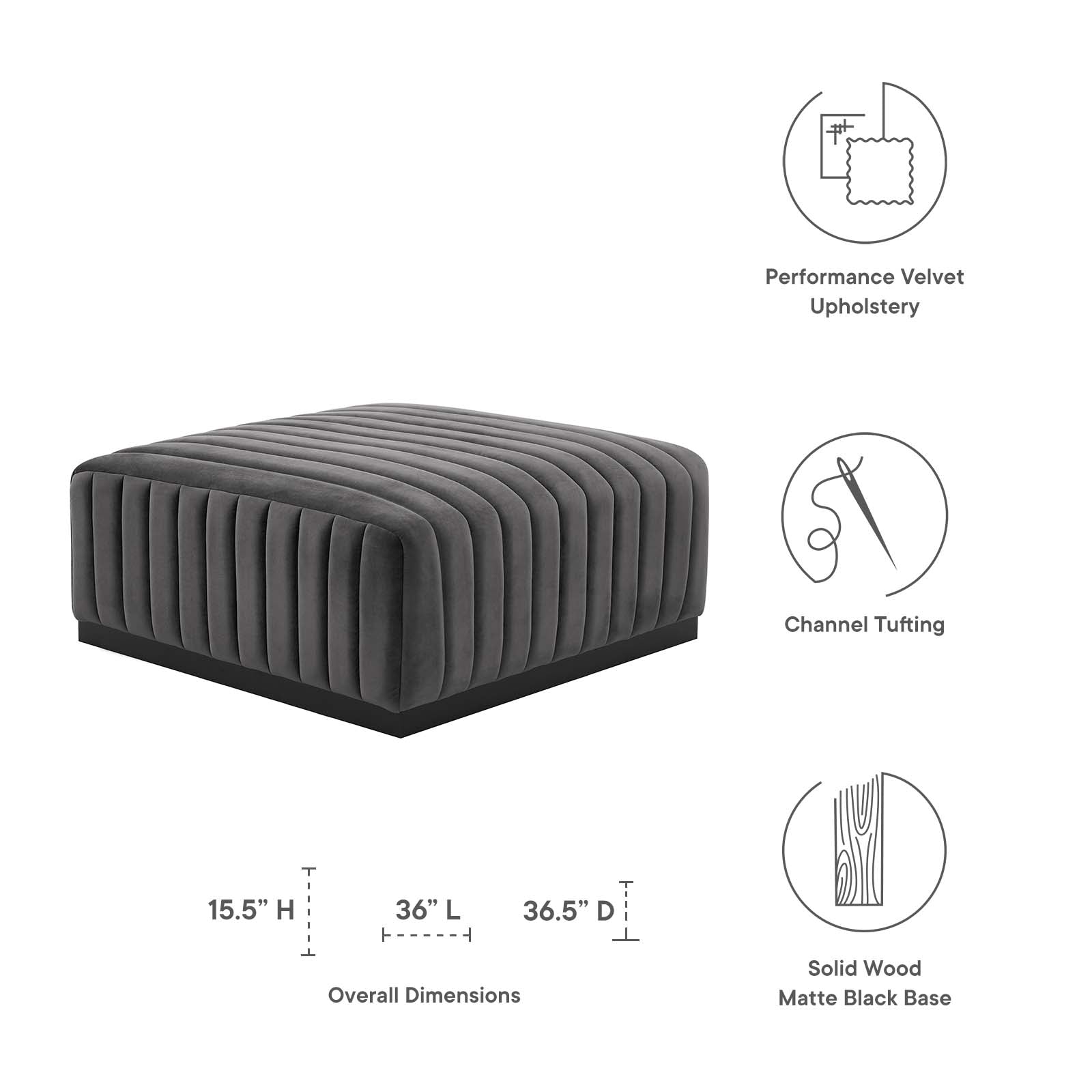 Modway Ottomans & Stools - Conjure Channel Tufted Performance Velvet Ottoman Black Gray