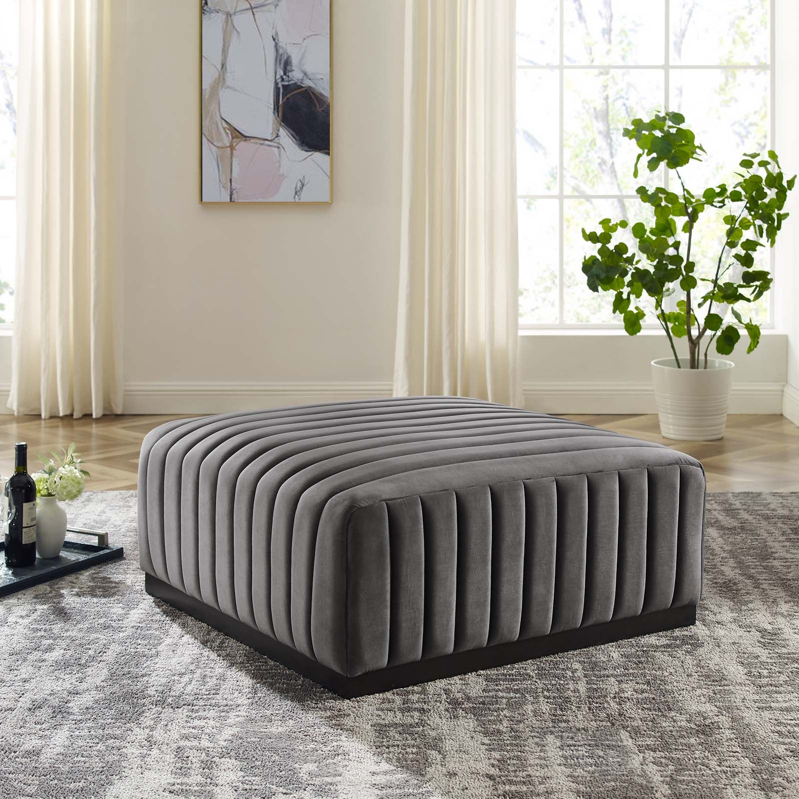 Modway Ottomans & Stools - Conjure Channel Tufted Performance Velvet Ottoman Black Gray