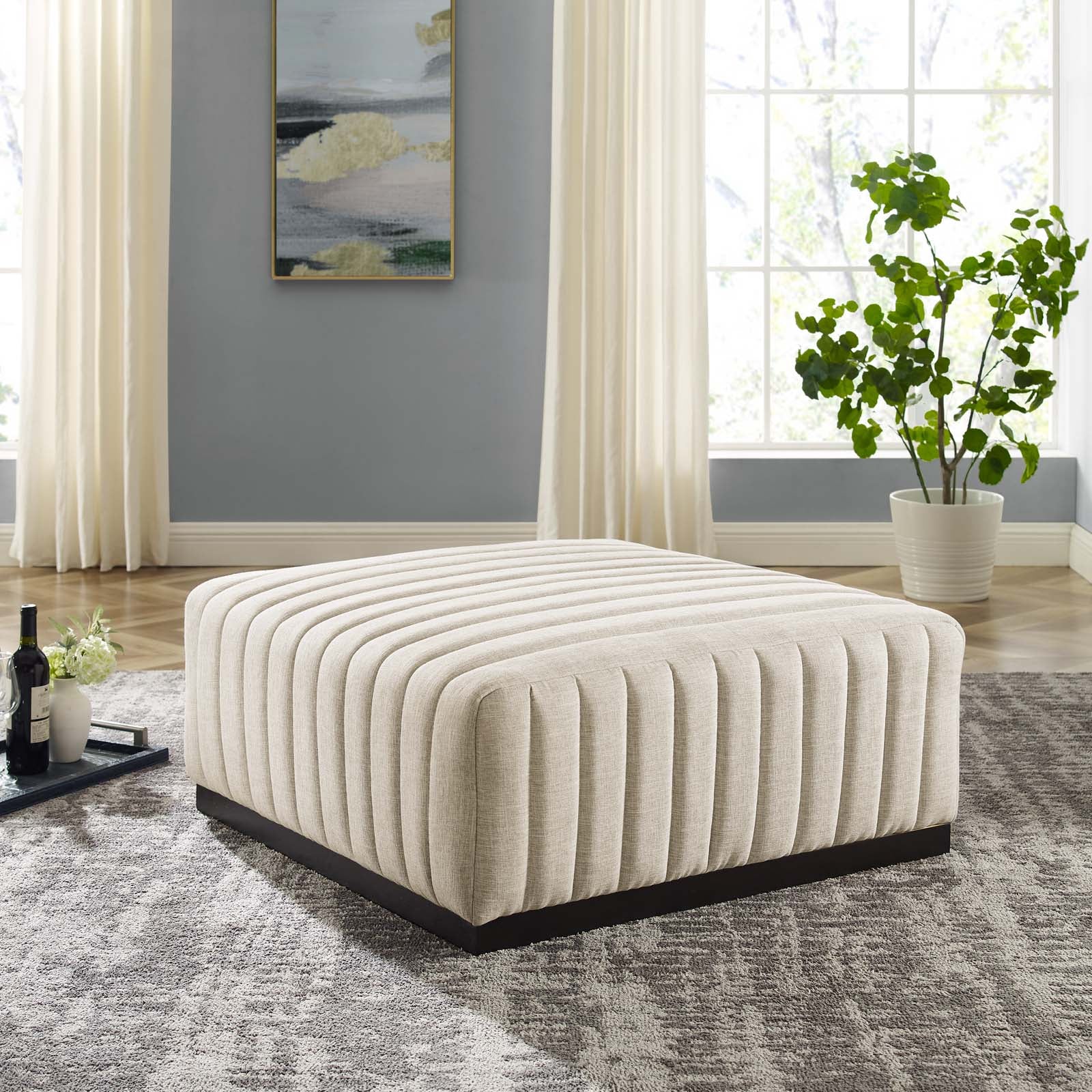 Modway Ottomans & Stools - Conjure Channel Tufted Upholstered Fabric Ottoman Black Beige