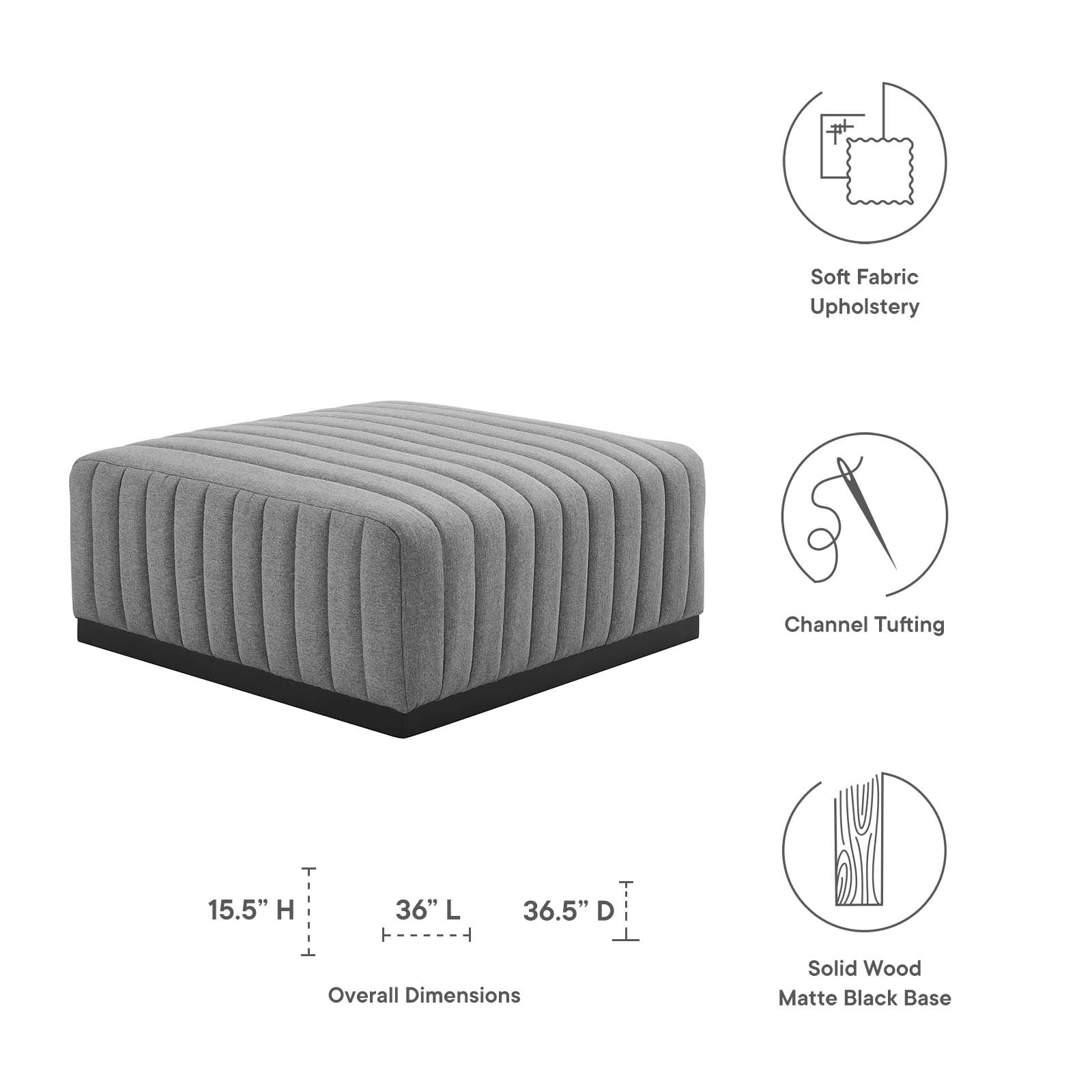 Modway Ottomans & Stools - Conjure Channel Tufted Upholstered Fabric Ottoman Black Light Gray