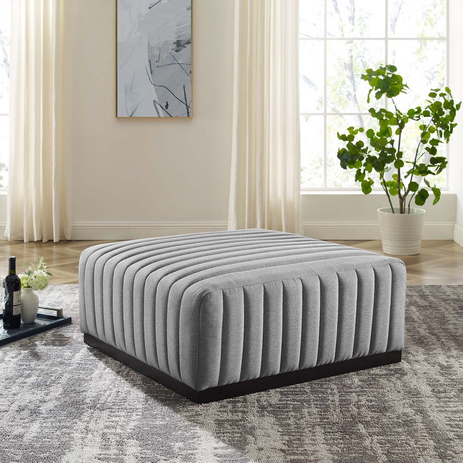 Modway Ottomans & Stools - Conjure Channel Tufted Upholstered Fabric Ottoman Black Light Gray