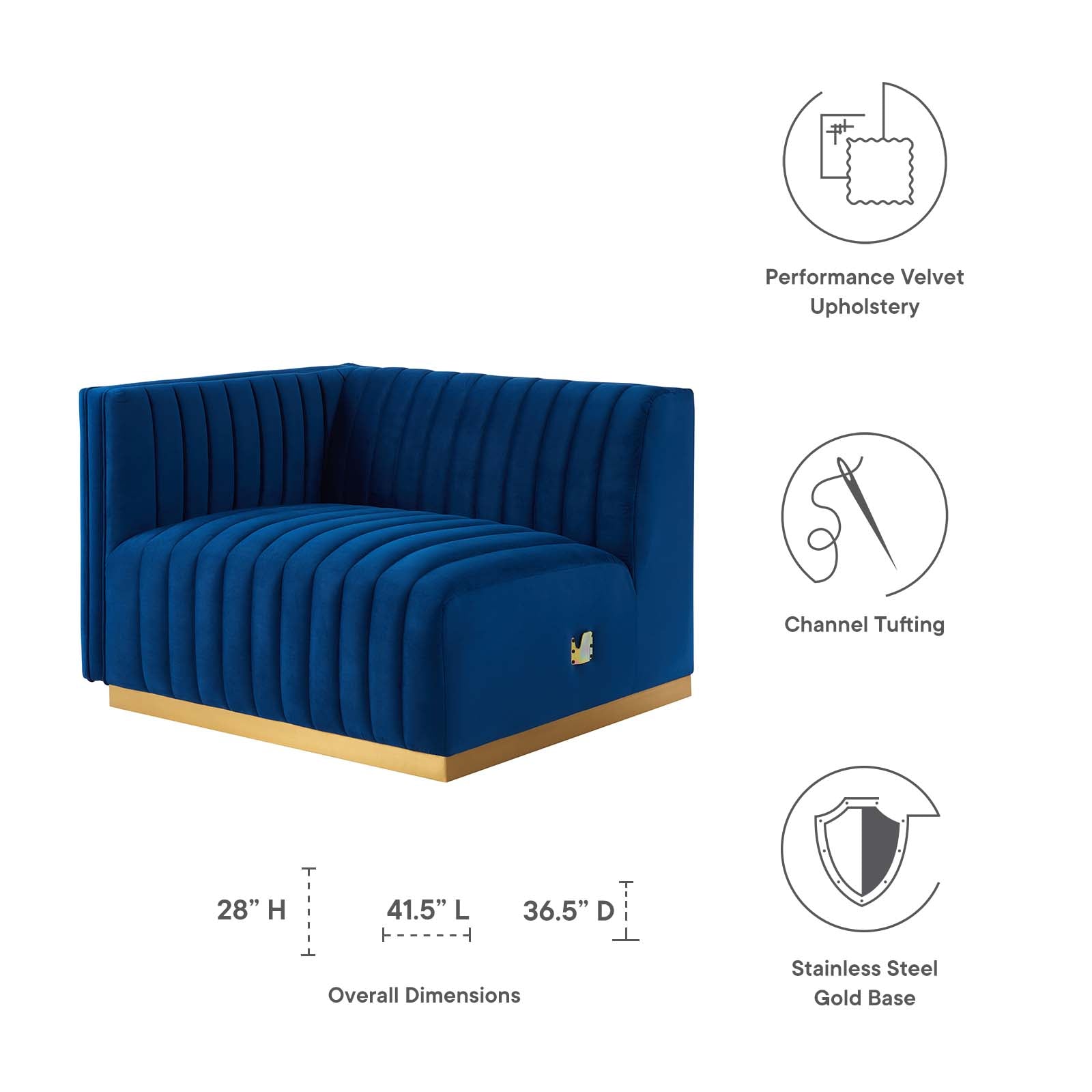 Modway Accent Chairs - Conjure Channel Tufted Performance Velvet Left-Arm Chair Gold Navy