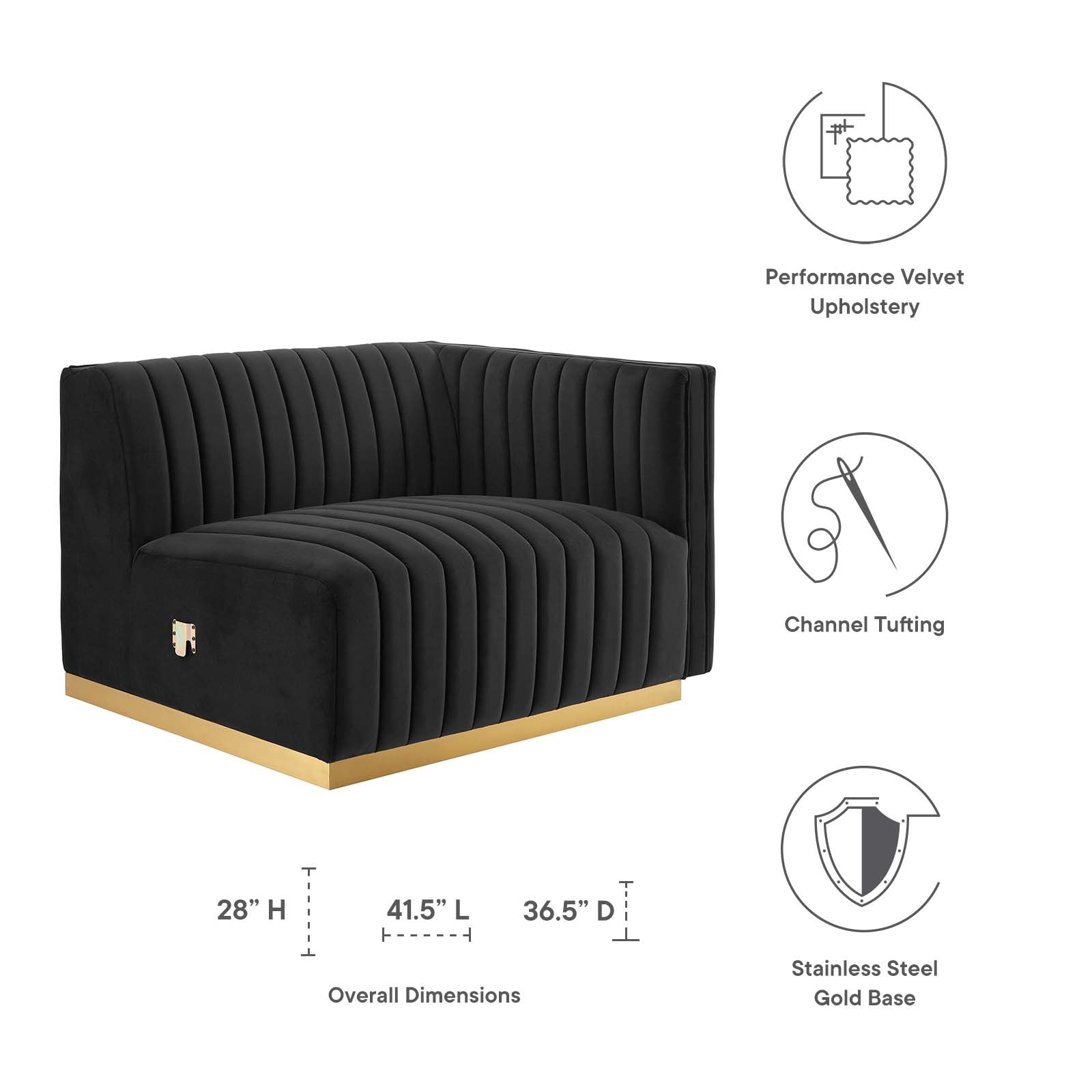 Modway Accent Chairs - Conjure Channel Tufted Performance Velvet Right-Arm Chair Gold Black