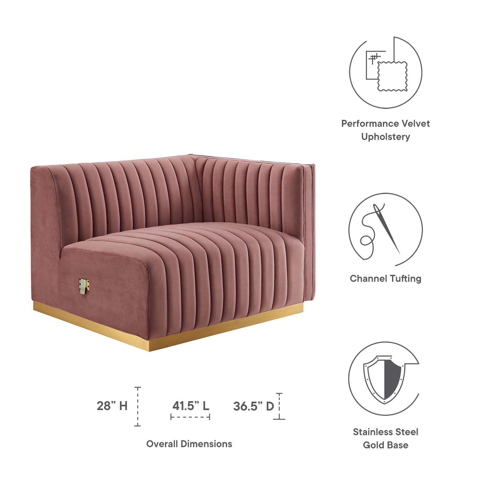 Modway Accent Chairs - Conjure Channel Tufted Performance Velvet Right-Arm Chair Gold Dusty Rose