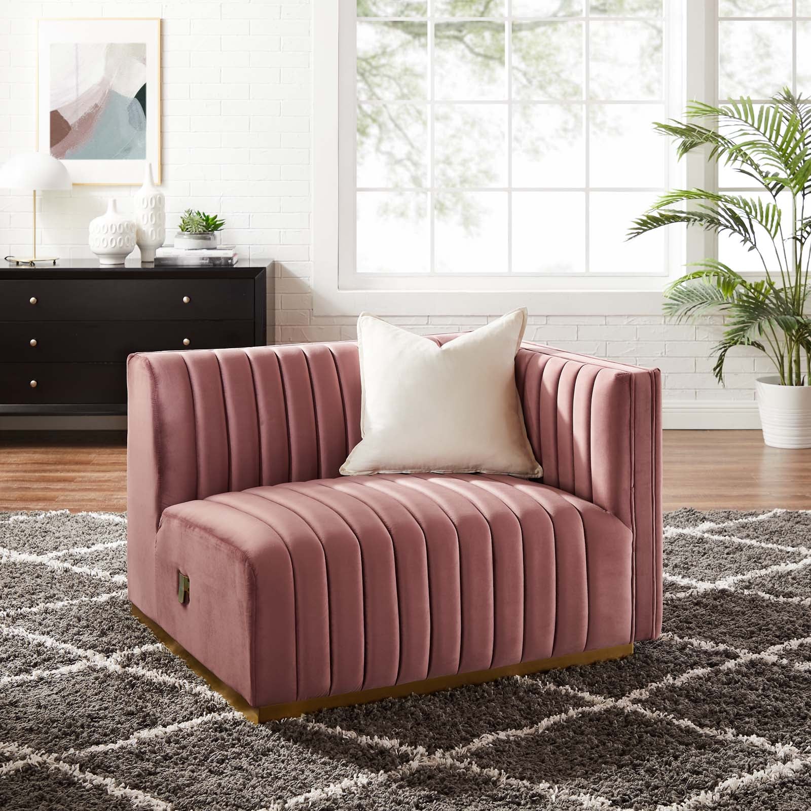 Modway Accent Chairs - Conjure Channel Tufted Performance Velvet Right-Arm Chair Gold Dusty Rose