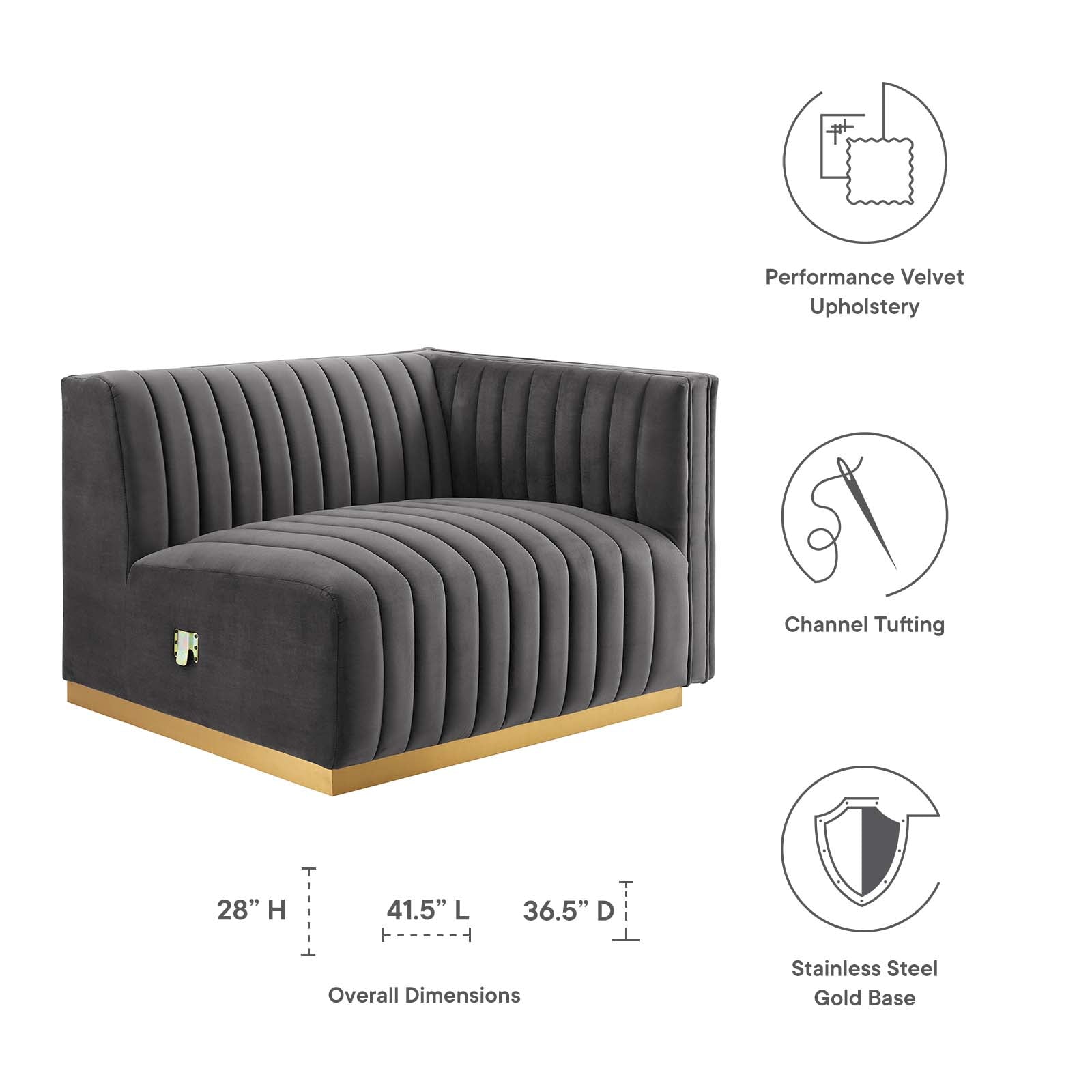 Modway Accent Chairs - Conjure Channel Tufted Performance Velvet Right-Arm Chair Gold Gray