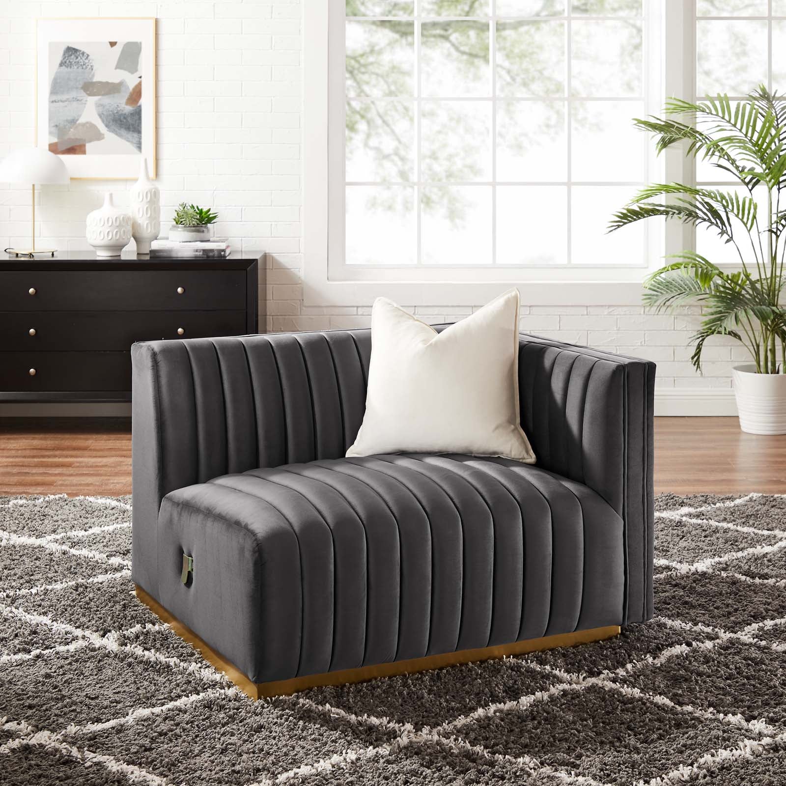 Modway Accent Chairs - Conjure Channel Tufted Performance Velvet Right-Arm Chair Gold Gray