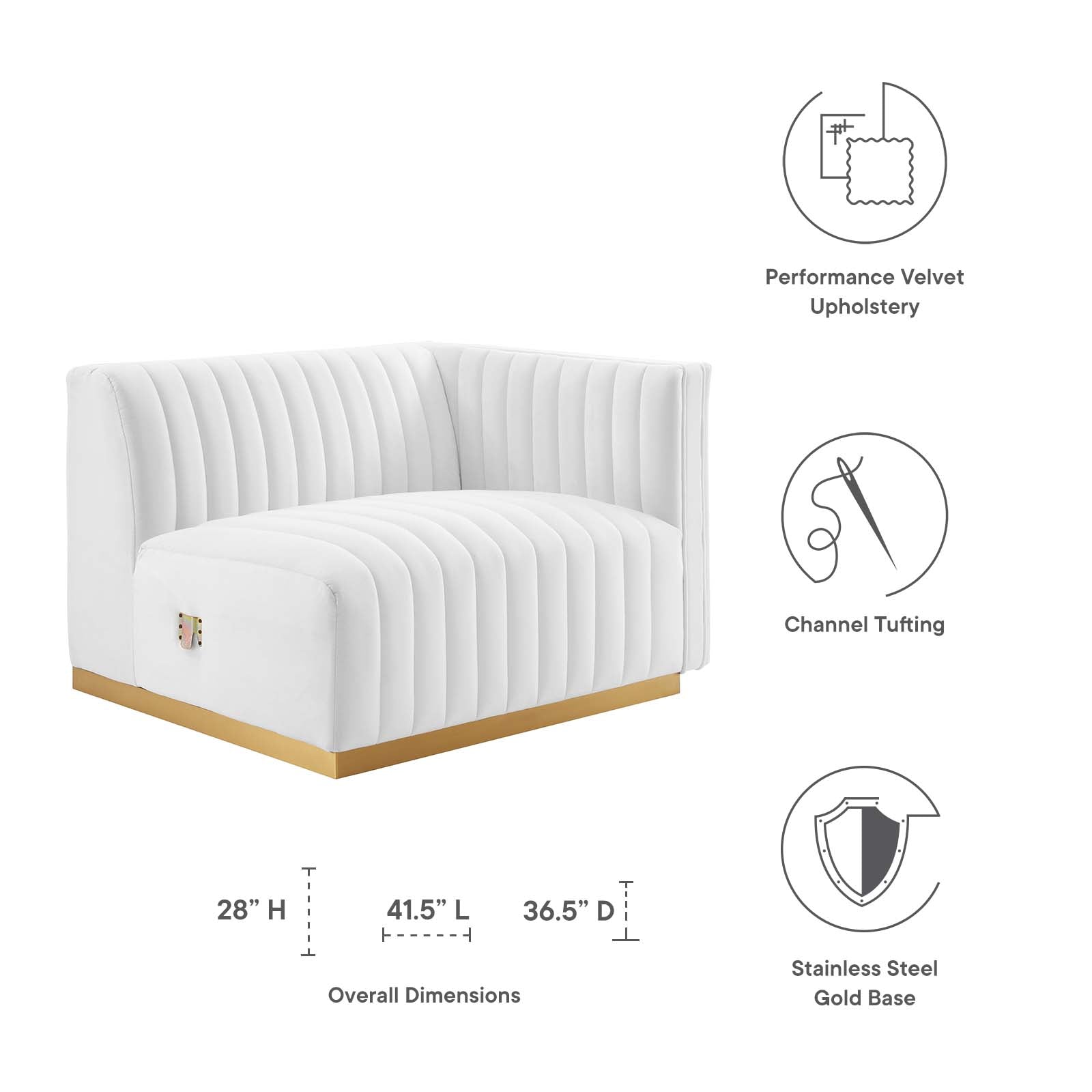 Modway Accent Chairs - Conjure Channel Tufted Performance Velvet Right-Arm Chair Gold White