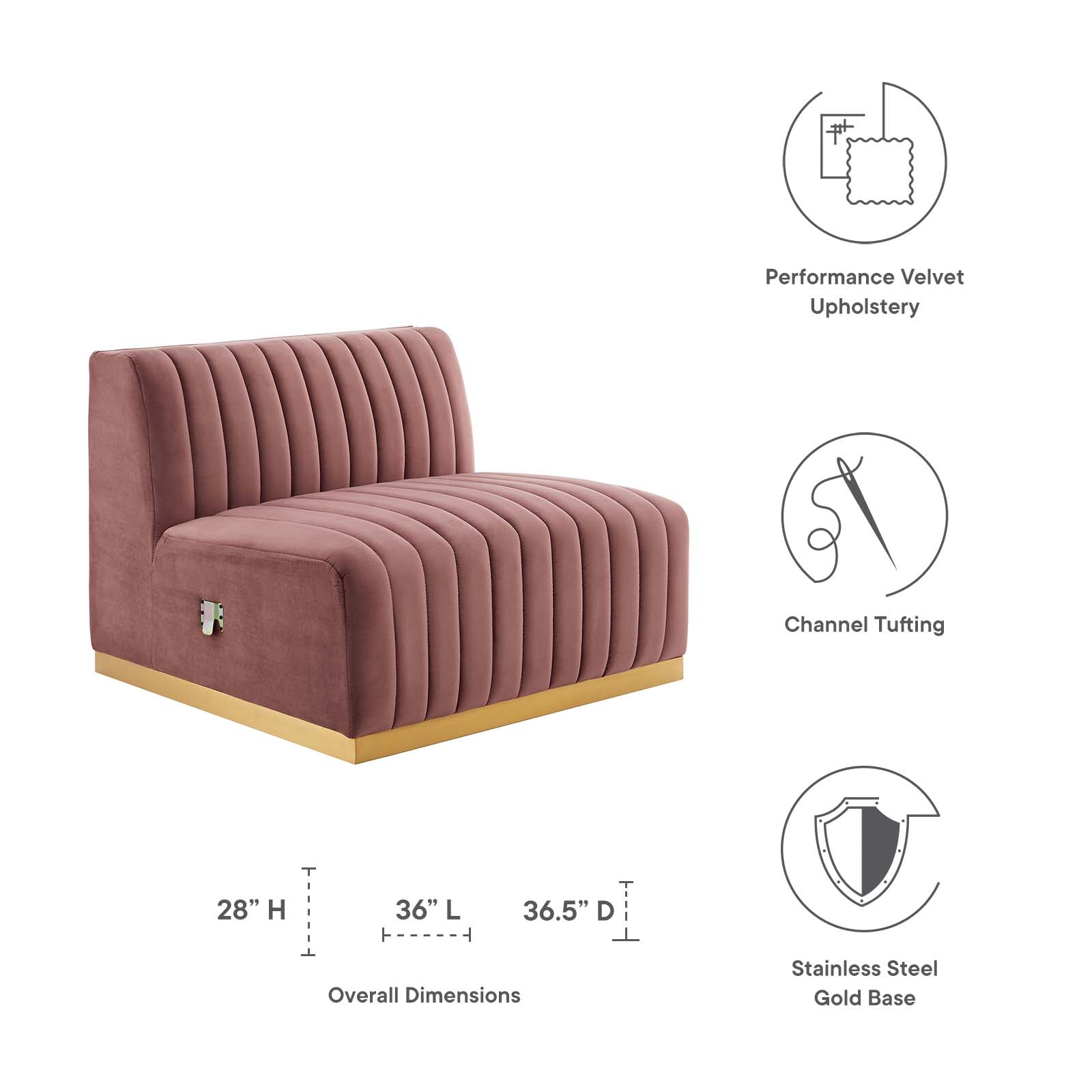 Modway Accent Chairs - Conjure Channel Tufted Performance Velvet Armless Chair Gold Dusty Rose