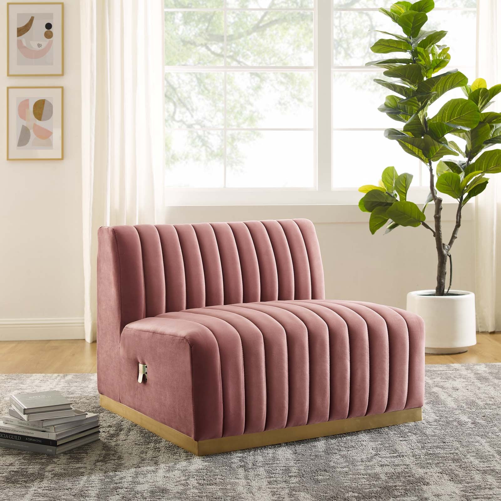 Modway Accent Chairs - Conjure Channel Tufted Performance Velvet Armless Chair Gold Dusty Rose