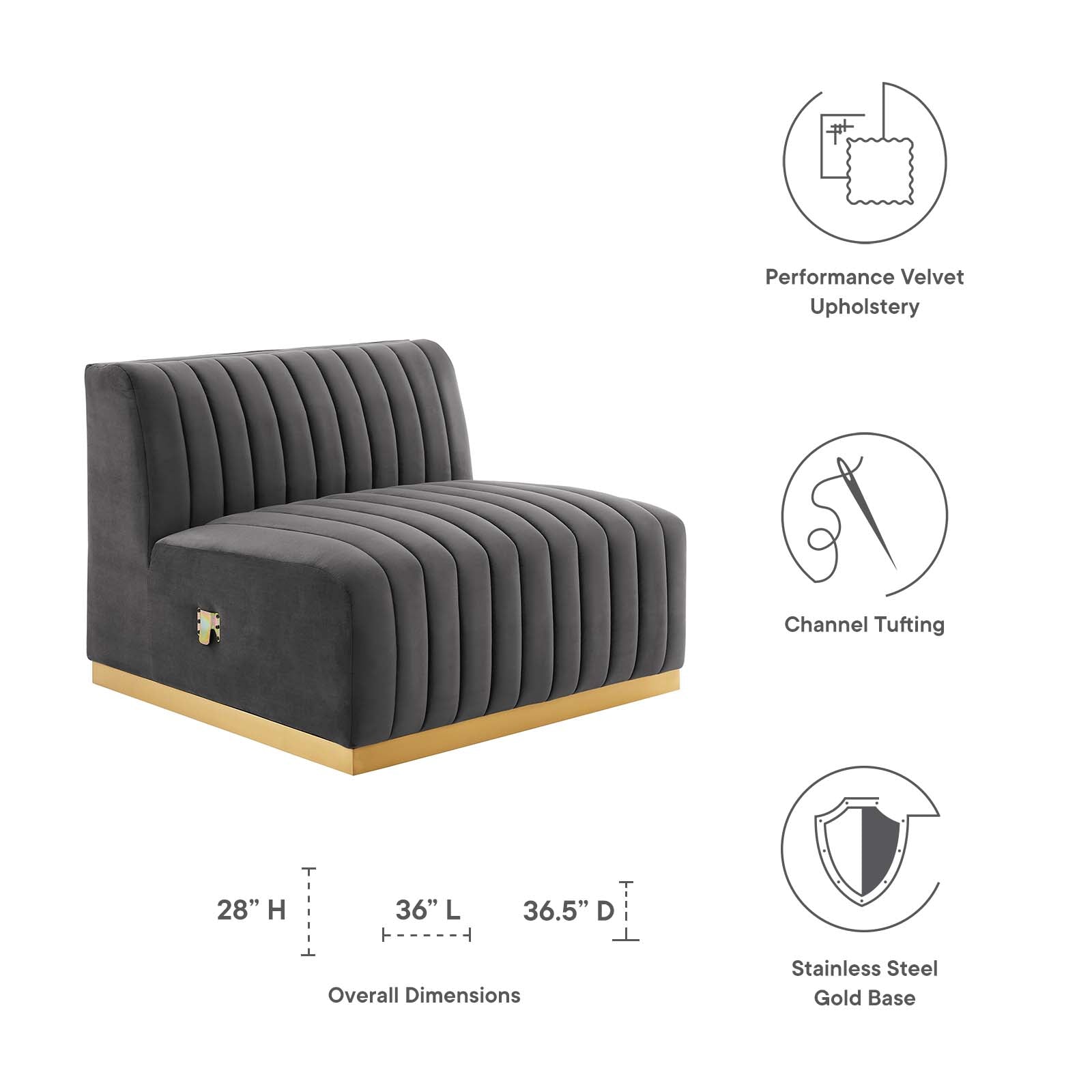 Modway Accent Chairs - Conjure Channel Tufted Performance Velvet Armless Chair Gold Gray