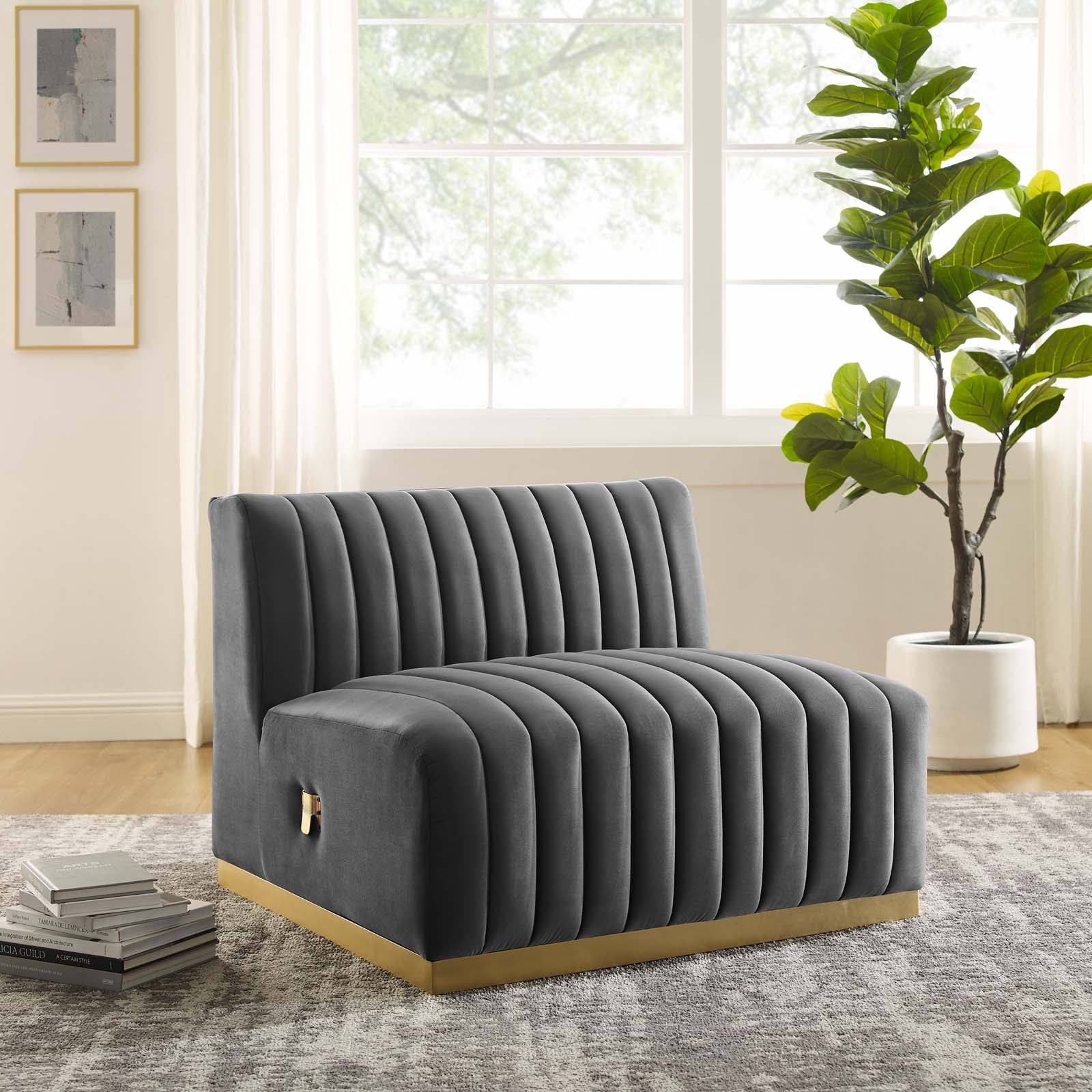Modway Accent Chairs - Conjure Channel Tufted Performance Velvet Armless Chair Gold Gray