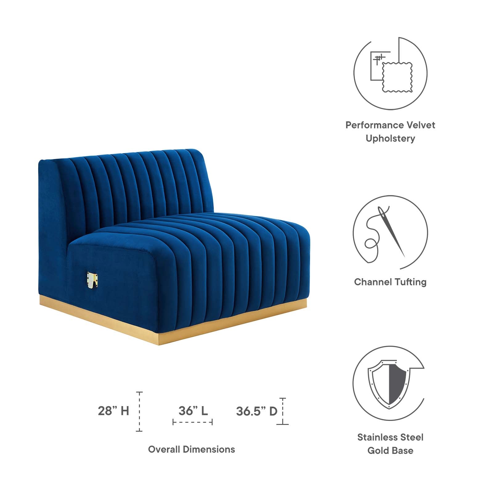 Modway Accent Chairs - Conjure Channel Tufted Performance Velvet Armless Chair Gold Navy