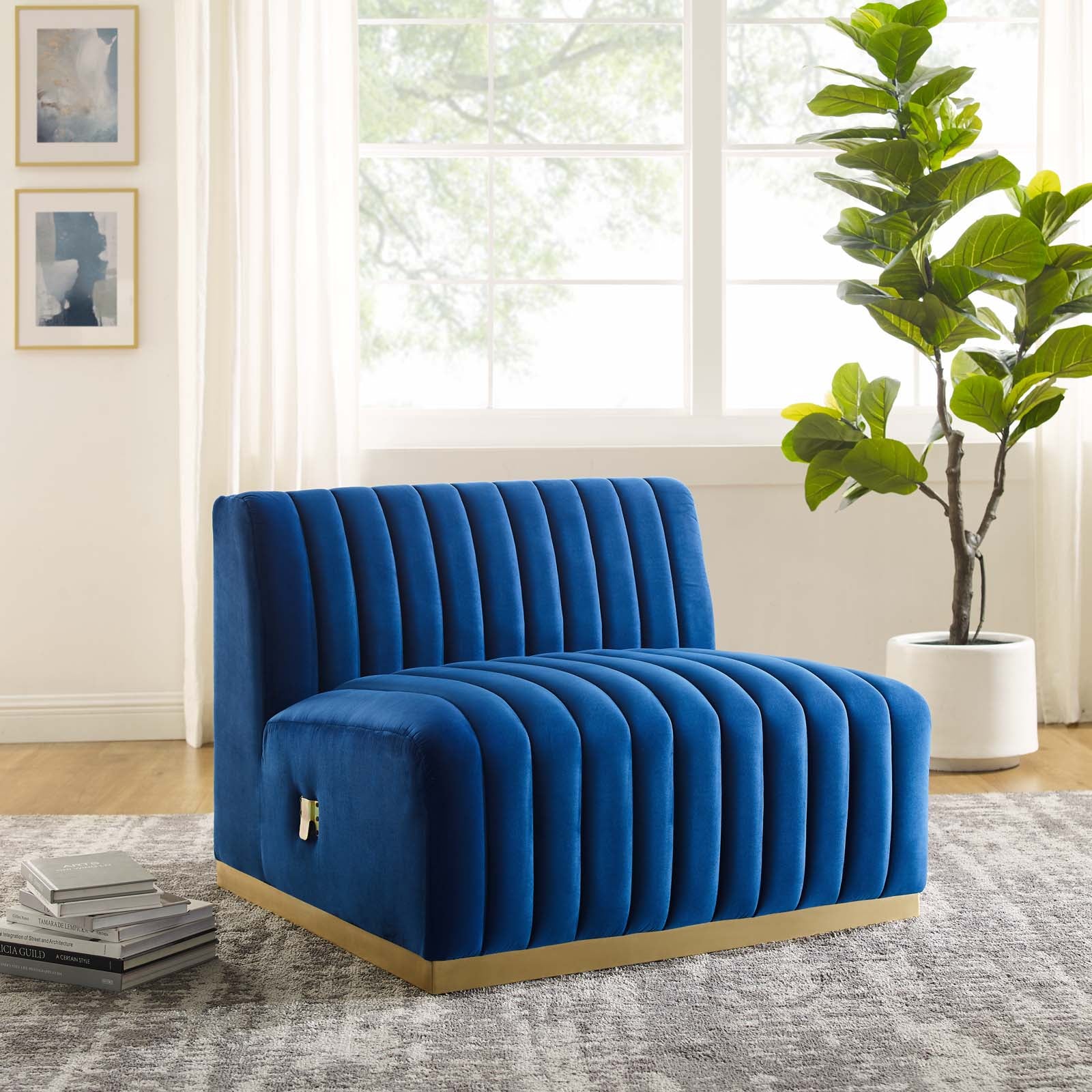 Modway Accent Chairs - Conjure Channel Tufted Performance Velvet Armless Chair Gold Navy