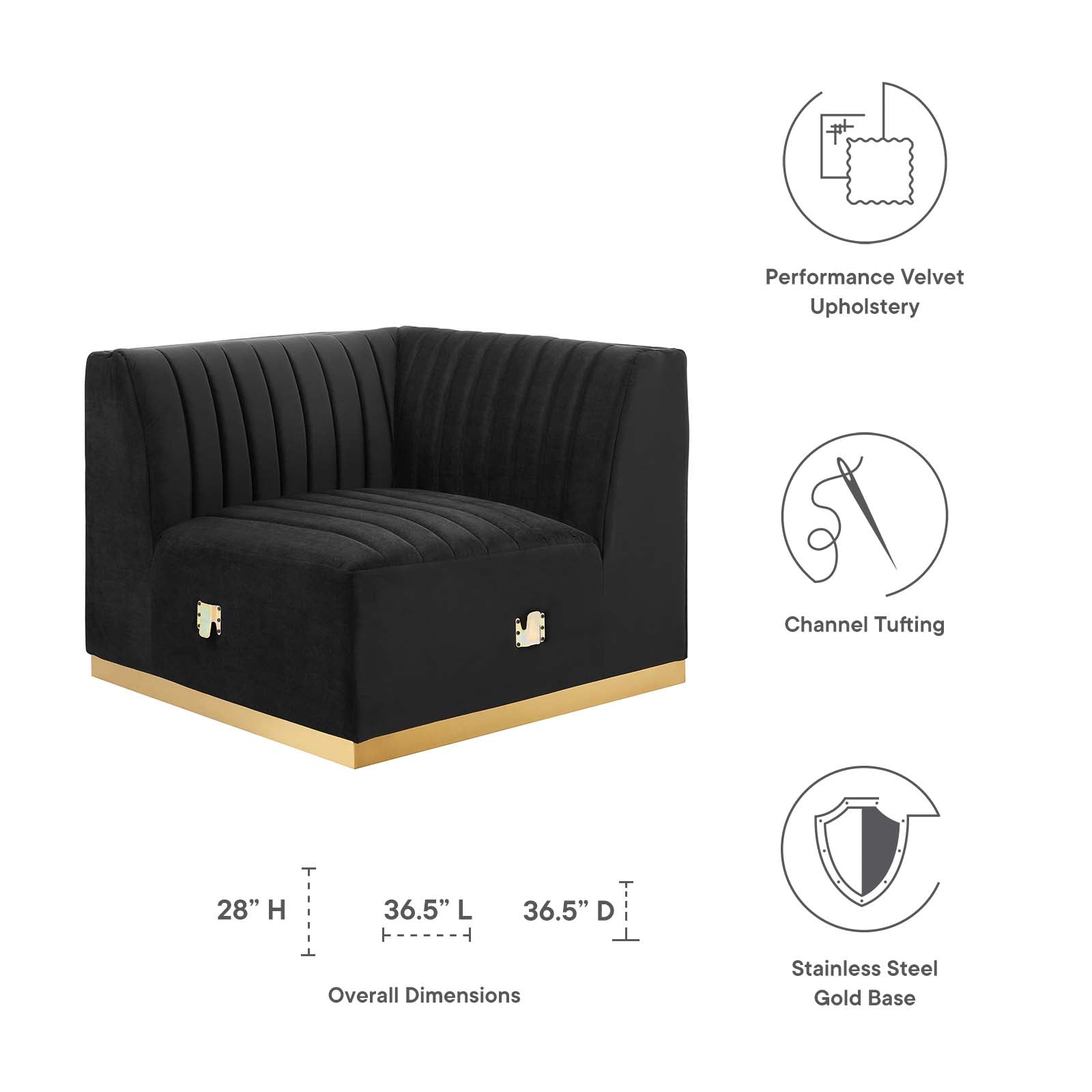 Modway Accent Chairs - Conjure Channel Tufted Performance Velvet Right Corner Chair Gold Black