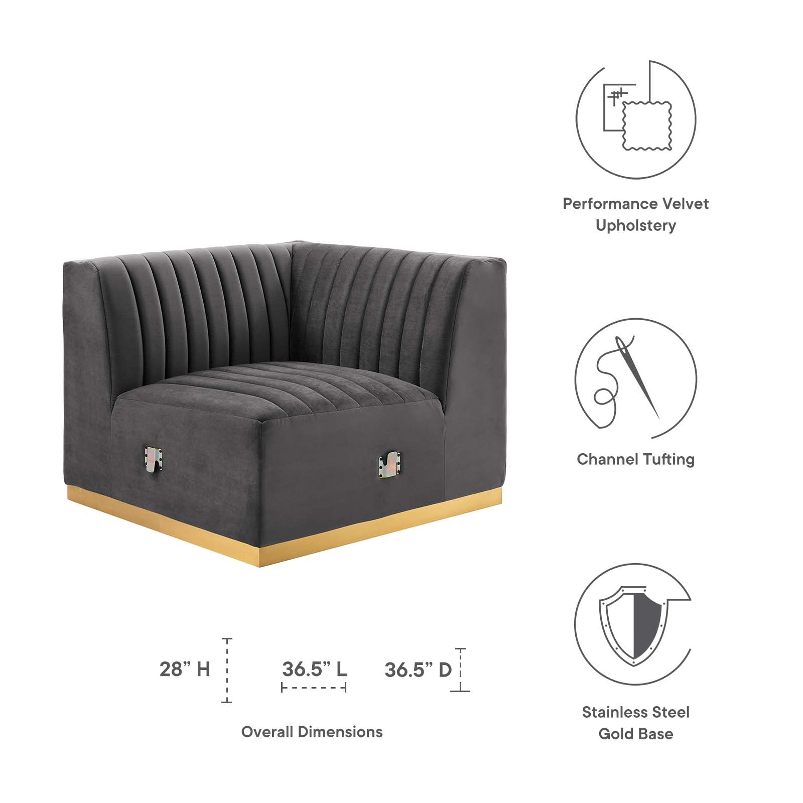 Modway Accent Chairs - Conjure Channel Tufted Performance Velvet Right Corner Chair Gold Gray