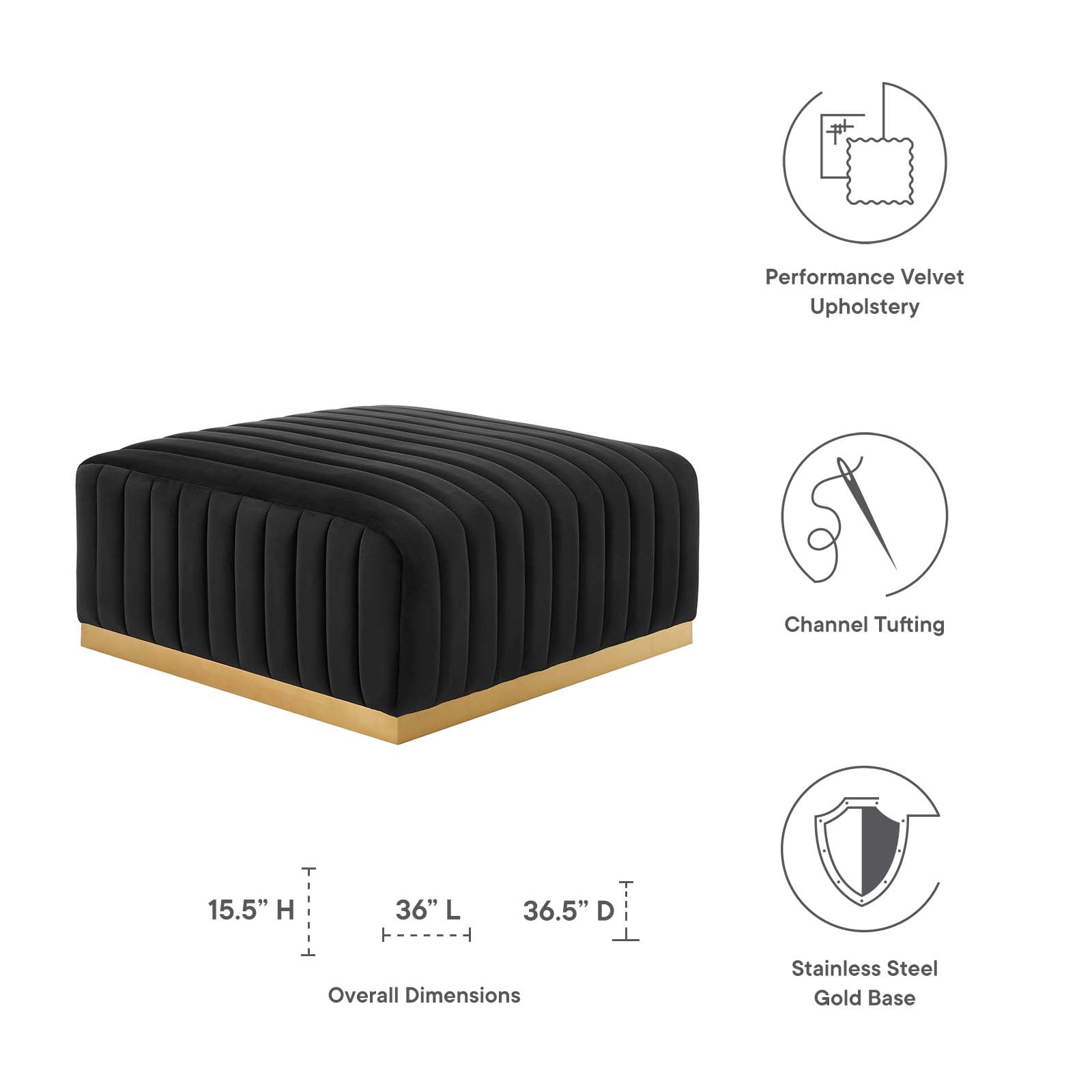 Modway Ottomans & Stools - Conjure Channel Tufted Performance Velvet Ottoman Gold Black