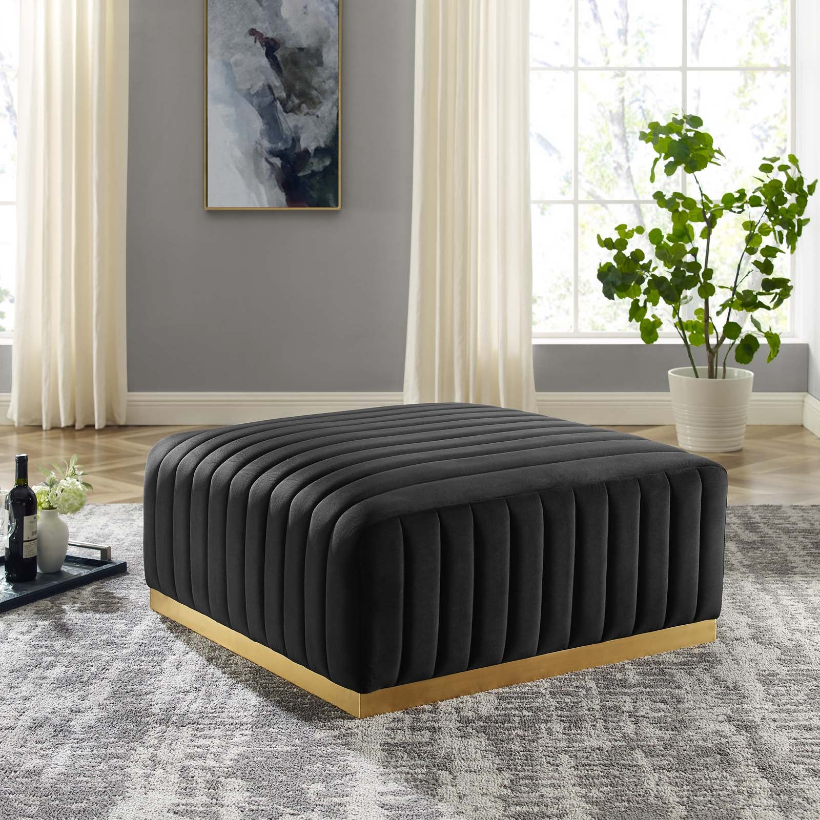 Modway Ottomans & Stools - Conjure Channel Tufted Performance Velvet Ottoman Gold Black