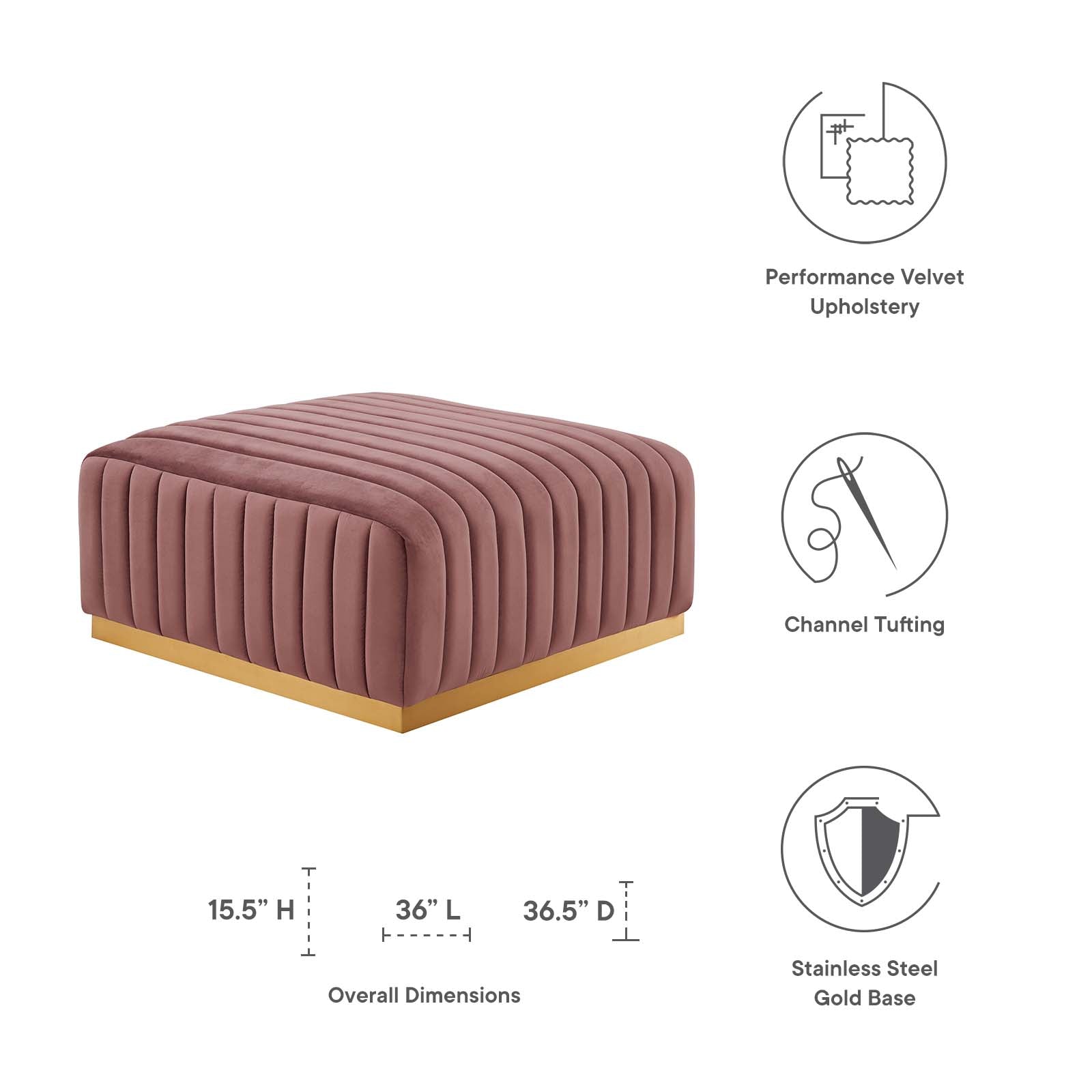 Modway Ottomans & Stools - Conjure Channel Tufted Performance Velvet Ottoman Gold Dusty Rose