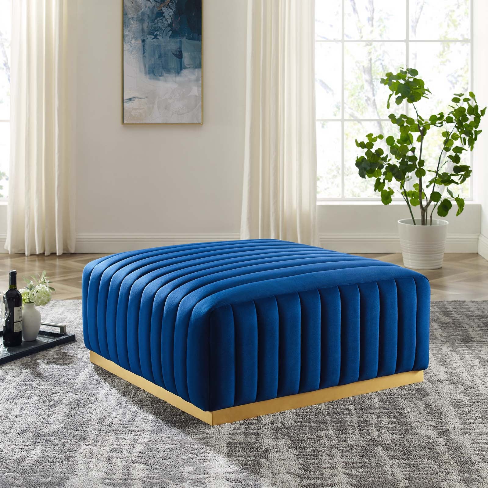 Modway Ottomans & Stools - Conjure Channel Tufted Performance Velvet Ottoman Gold Navy