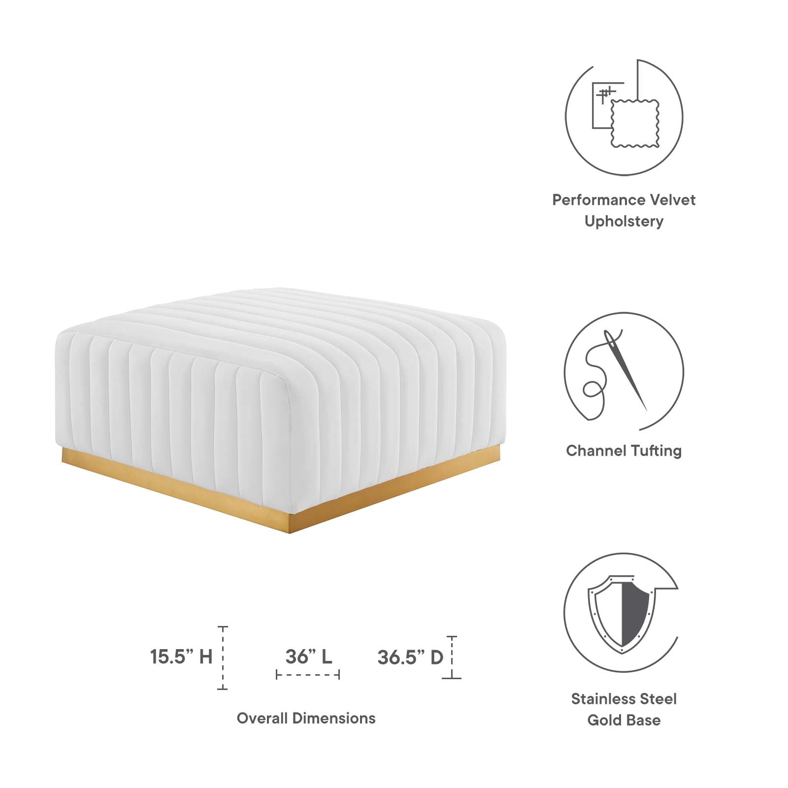 Modway Ottomans & Stools - Conjure Channel Tufted Performance Velvet Ottoman Gold White