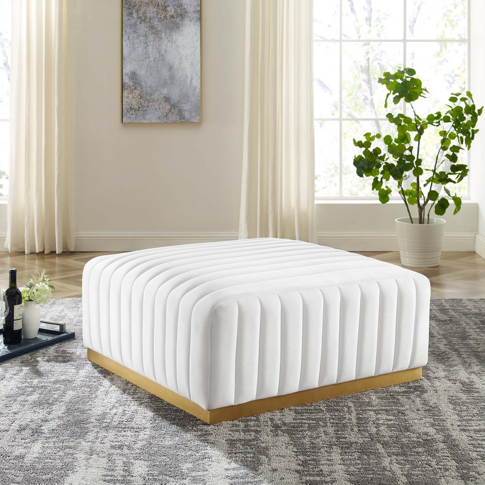 Modway Ottomans & Stools - Conjure Channel Tufted Performance Velvet Ottoman Gold White