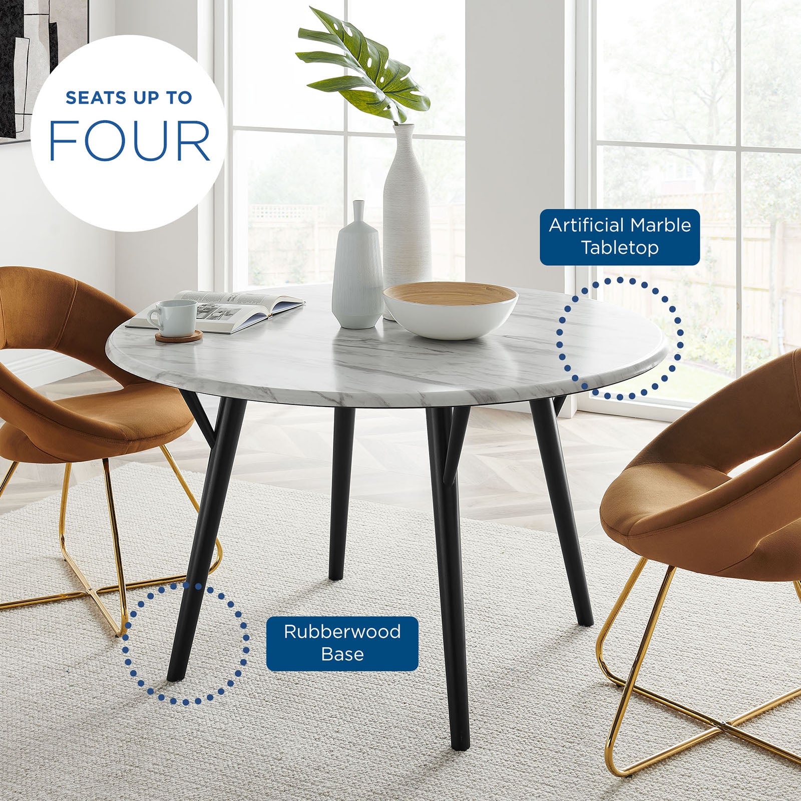 Modway Dining Tables - Gallant 50" Round Performance Artificial Marble Dining Table Black White