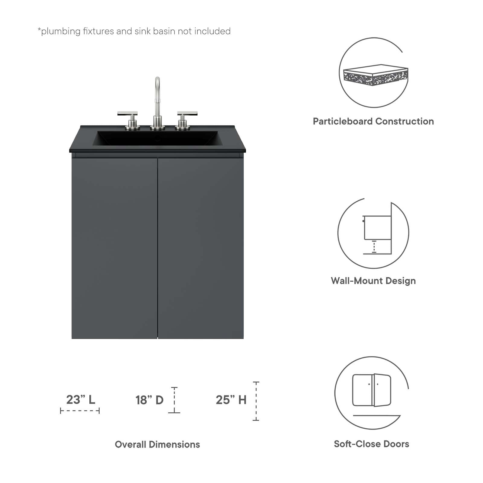 Modway Bathroom Vanity - Vitality 24" Wall-Mount Bathroom Vanity Gray