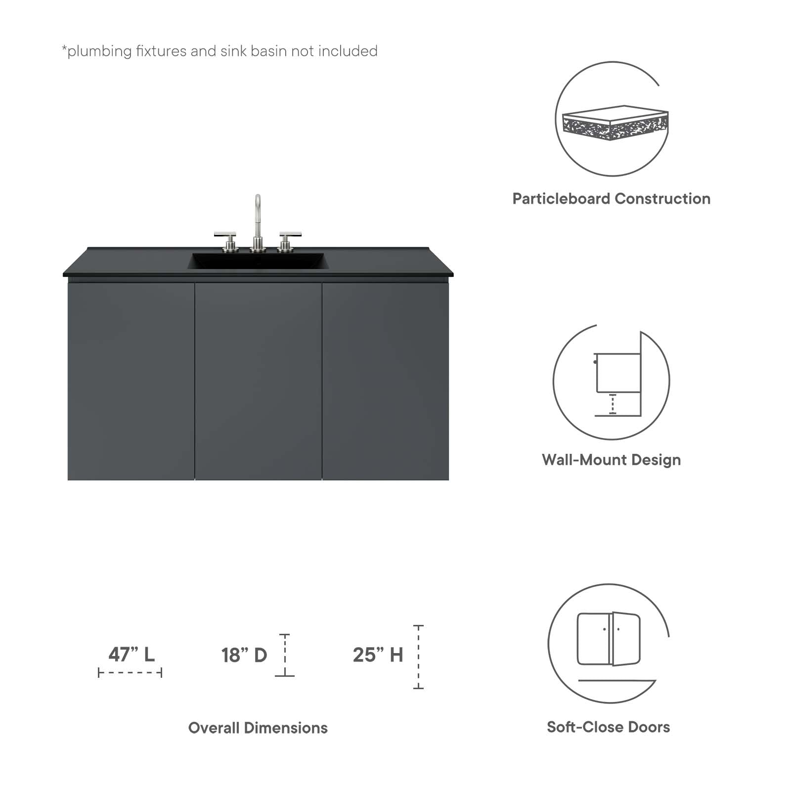 Modway Bathroom Vanity - Vitality 48" Wall-Mount Bathroom Vanity Gray