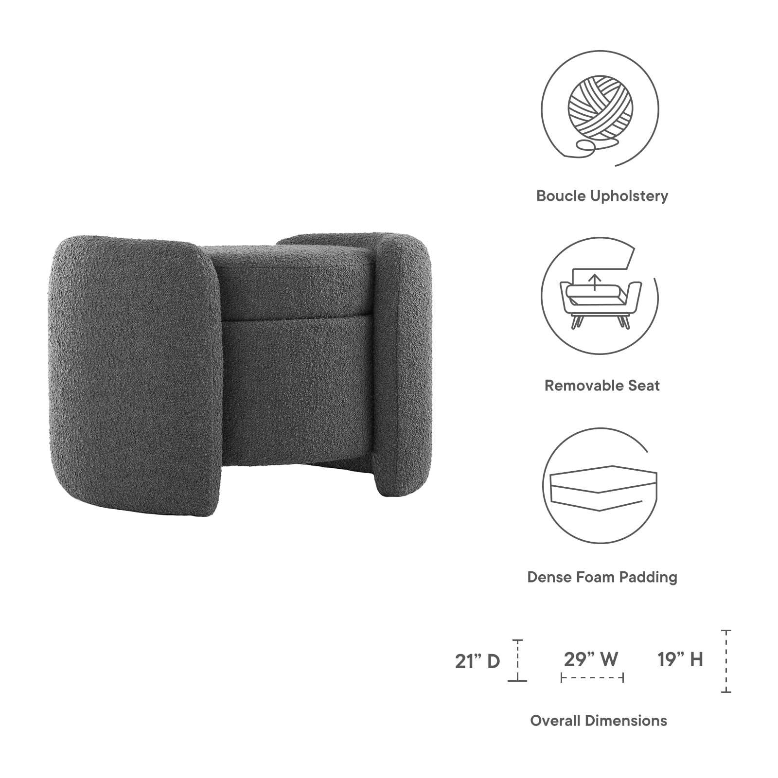 Modway Ottomans & Stools - Nebula Boucle Upholstered Ottoman Charcoal