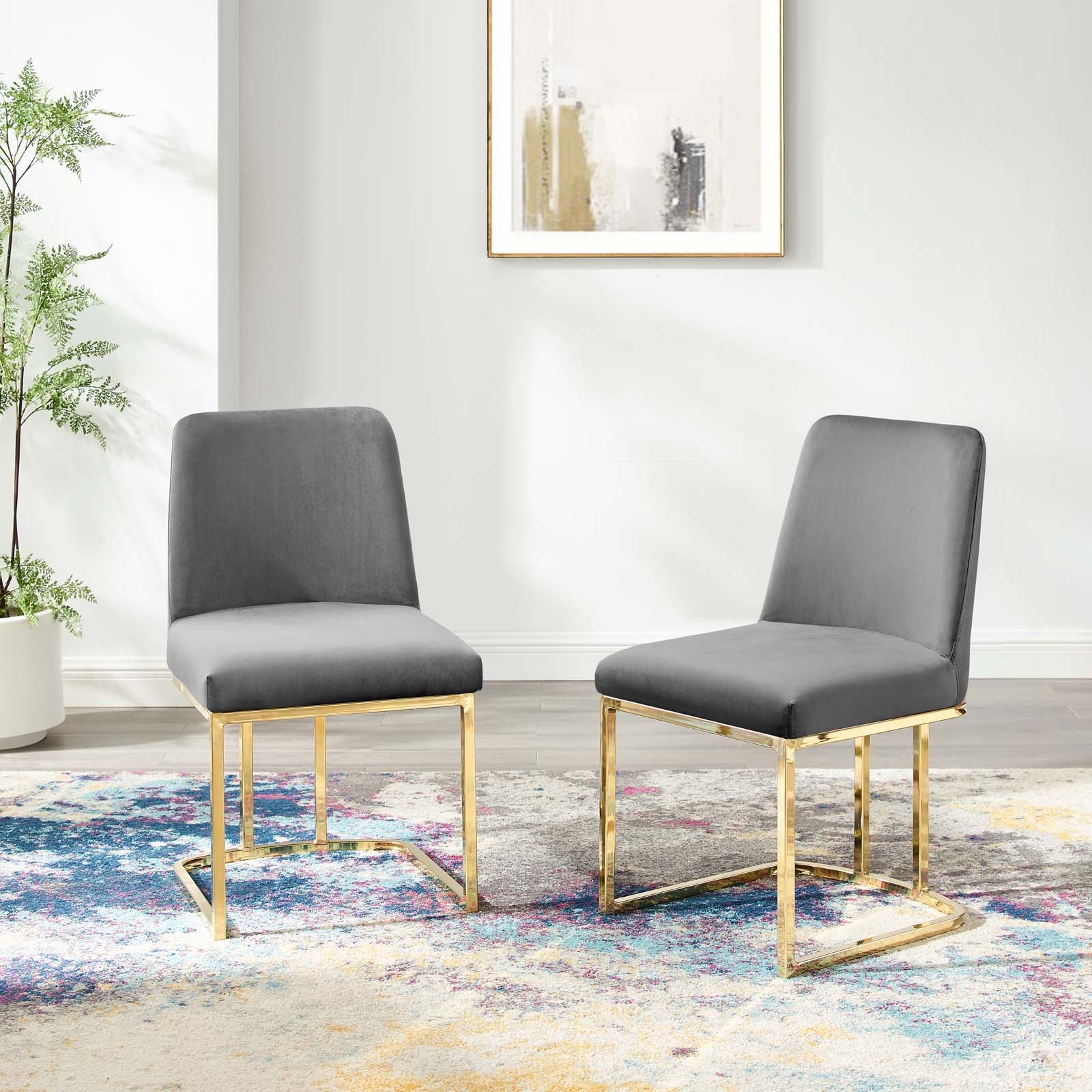 Modway Dining Chairs - Amplify Sled Base Performance Velvet Dining Chairs - Set of 2 Gold Gray