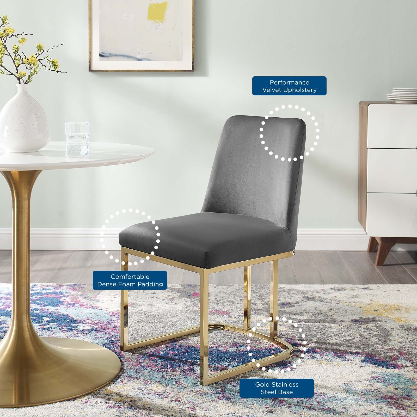 Modway Dining Chairs - Amplify Sled Base Performance Velvet Dining Chairs - Set of 2 Gold Gray