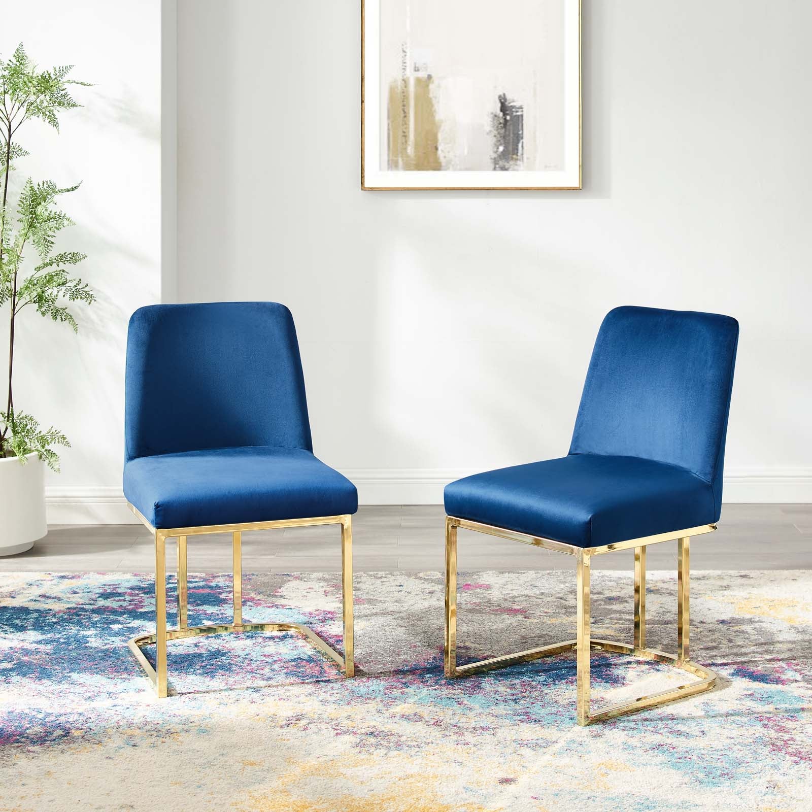 Modway Dining Chairs - Amplify Sled Base Performance Velvet Dining Chairs Set Of 2 Gold Navy