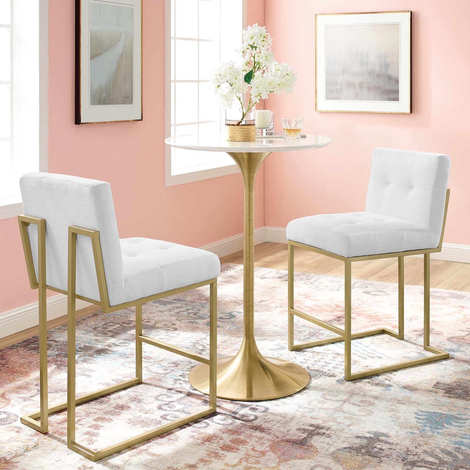 Modway Barstools - Privy Counter Stool Upholstered Fabric Set of 2 Gold White