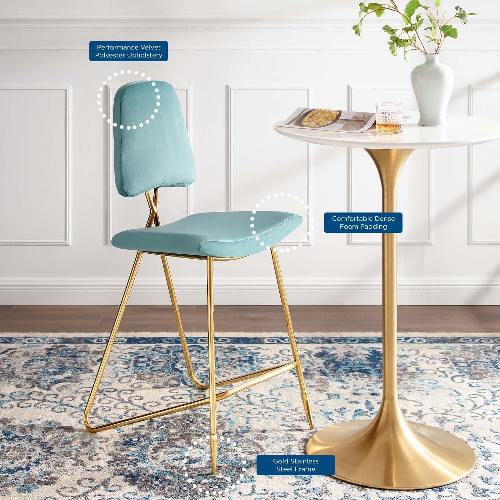 Modway Barstools - Ponder Bar Stool Performance Velvet Set of 2 Sea Blue