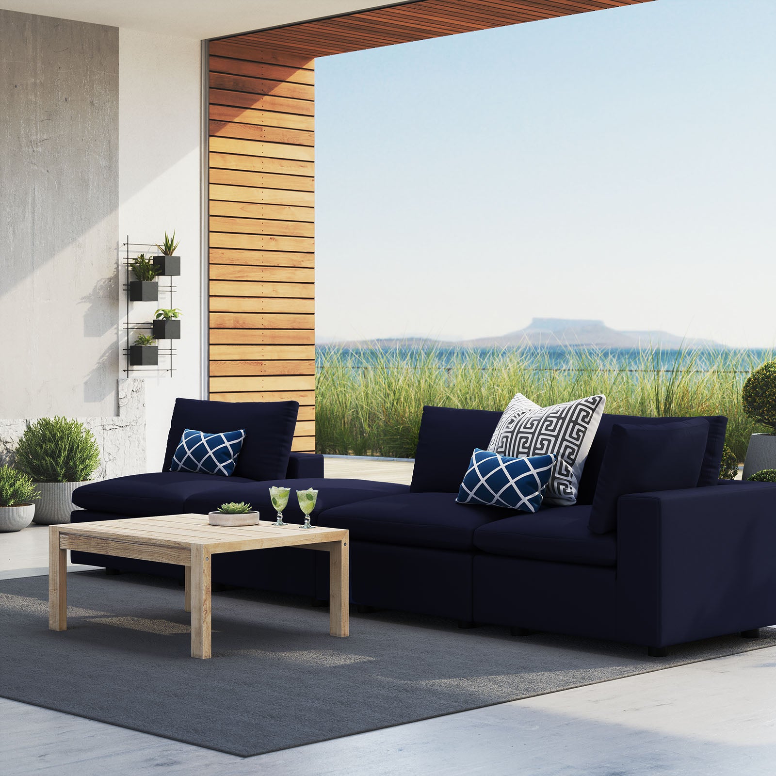 Modway Outdoor Conversation Sets - Commix 4-Piece Sunbrella Outdoor Patio Sectional Sofa Navy