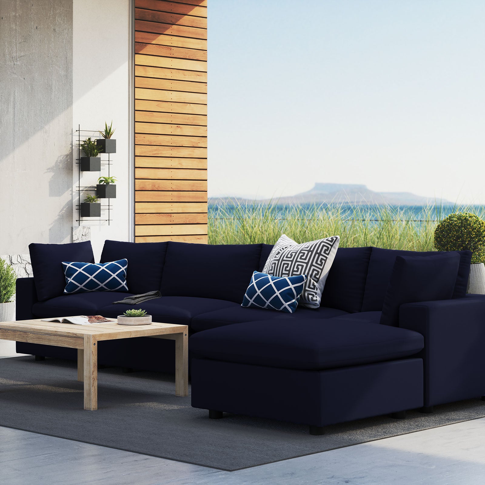 Modway Outdoor Conversation Sets - Commix 5-Piece Sunbrella Outdoor Sectional Sofa Navy