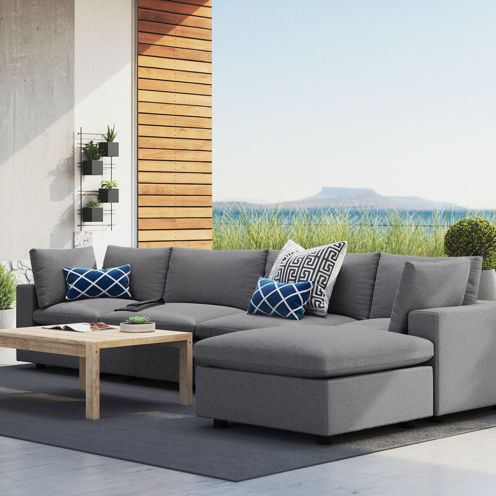 Modway Outdoor Sofas - Commix 145" 5-Piece Sunbrella Outdoor Patio Sectional Sofa Gray