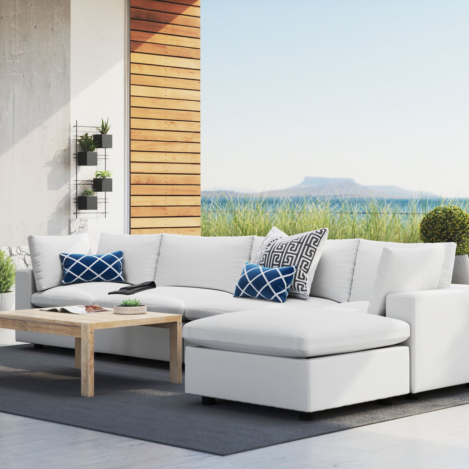 Modway Outdoor Sofas - Commix 145" 5-Piece Sunbrella Outdoor Patio Sectional Sofa White