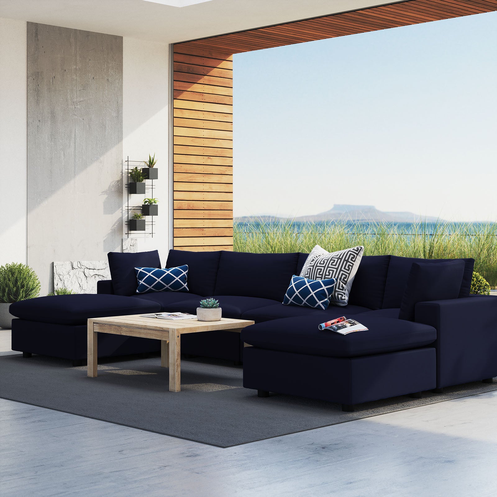 Modway Outdoor Sofas - Commix 6-Piece Sunbrella Outdoor Patio Sectional Sofa Navy