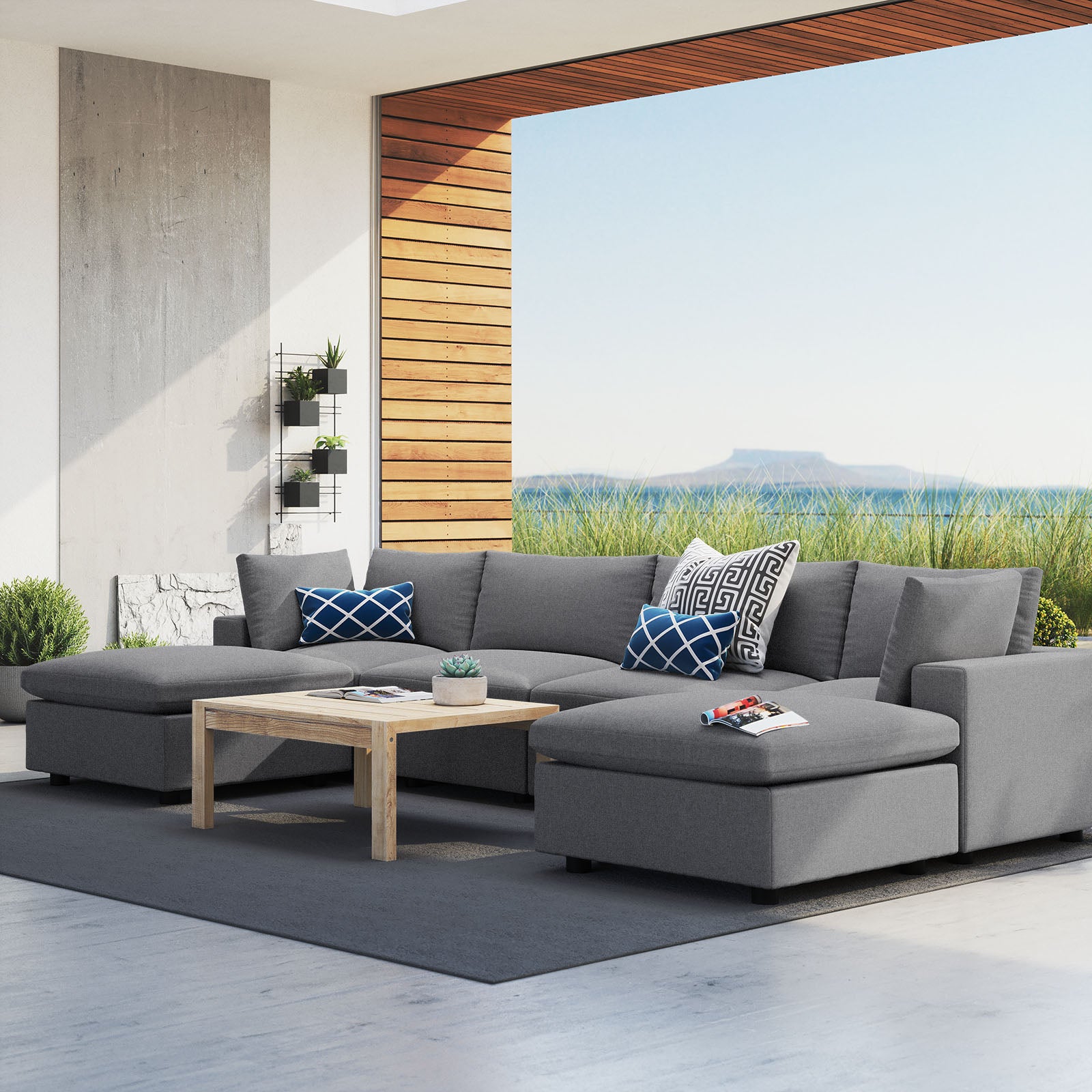 Modway Outdoor Sofas - Commix 181" 6-Piece Sunbrella Outdoor Patio Sectional Sofa Gray