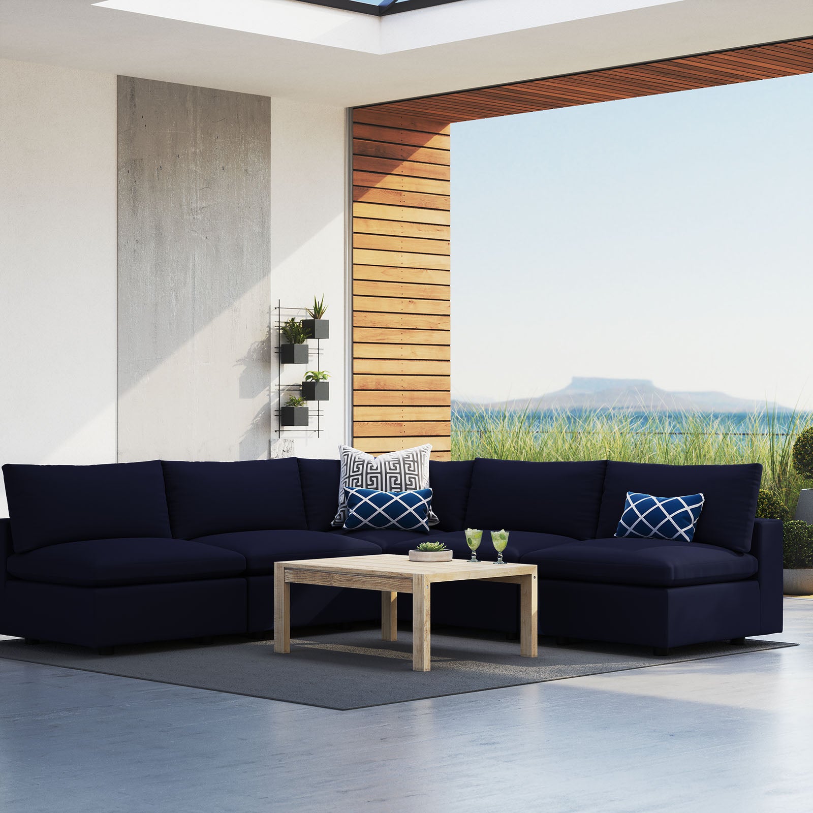 Modway Outdoor Sofas - Commix 108" 5-Piece Sunbrella Outdoor Patio Sectional Sofa Navy