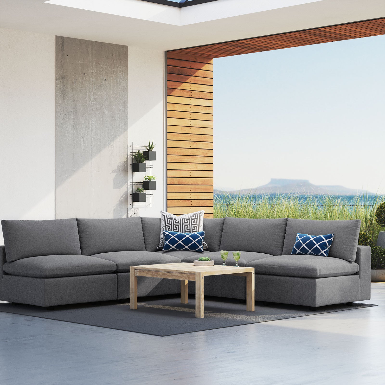 Modway Outdoor Sofas - Commix 108" 5-Piece Sunbrella Outdoor Patio Sectional Sofa Gray