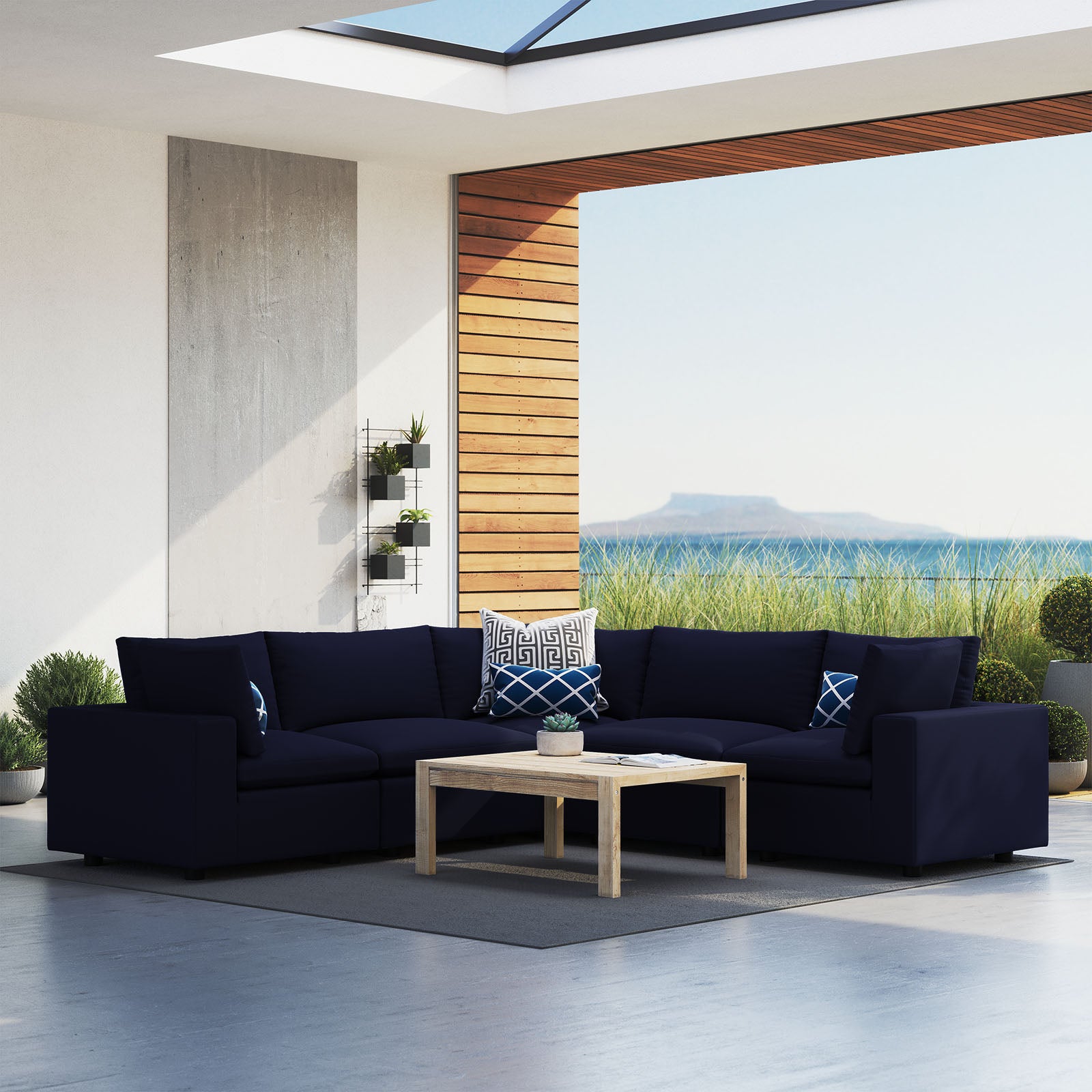 Modway Outdoor Sofas - Commix 5-Piece Sunbrella Outdoor Patio Sectional Sofa Navy