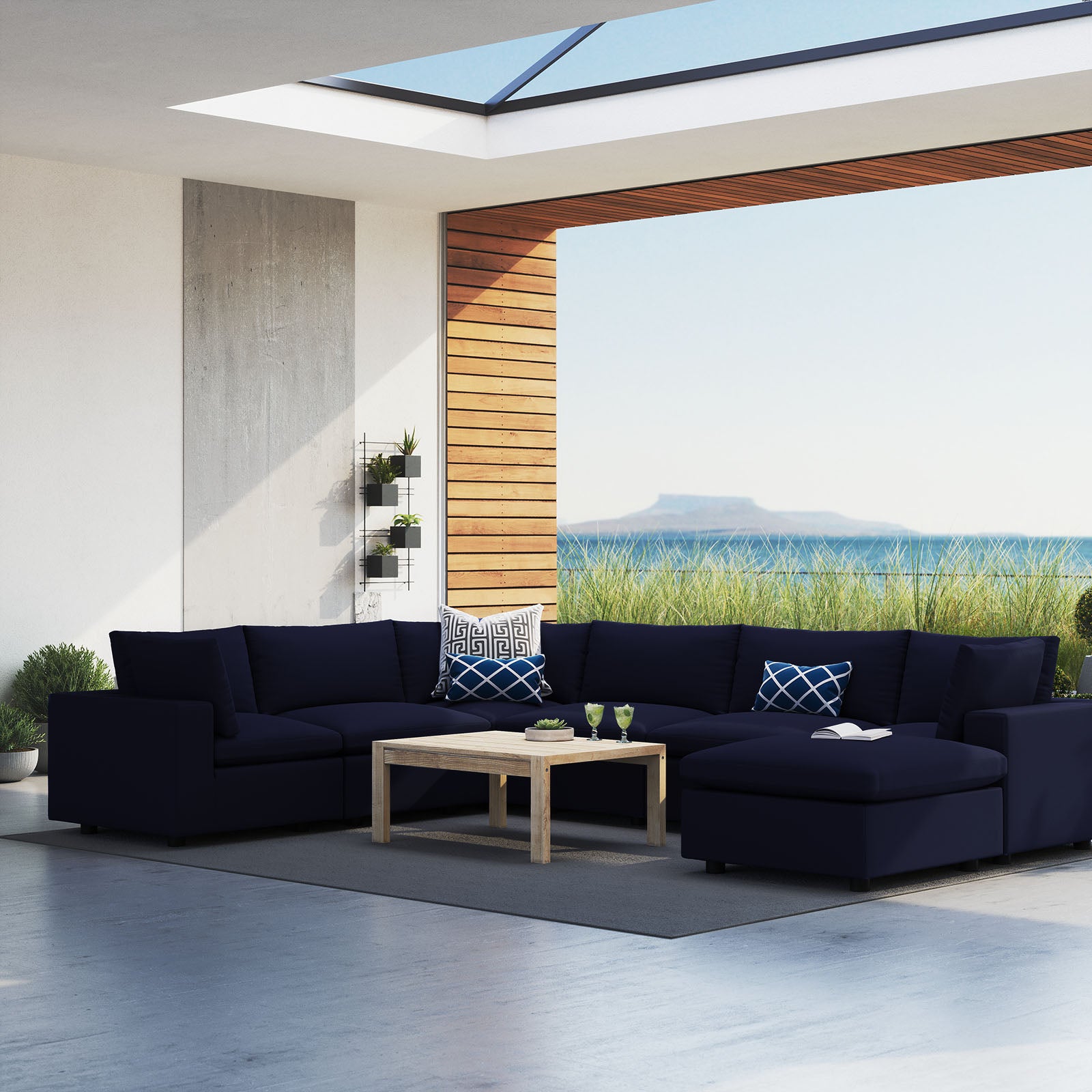 Modway Outdoor Conversation Sets - Commix 7-Piece Sunbrella Outdoor Patio Sectional Sofa Navy
