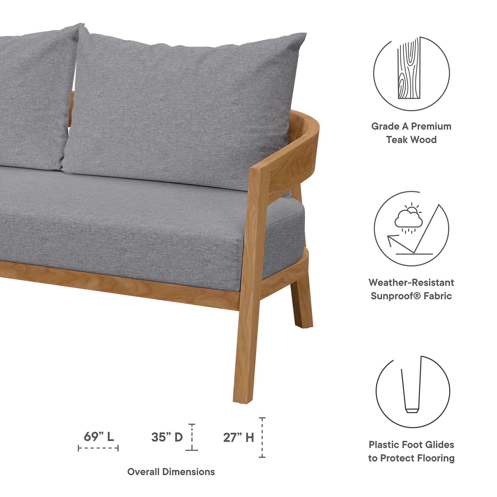Modway Outdoor Sofas - Brisbane Teak Wood Outdoor Patio Loveseat Natural Gray