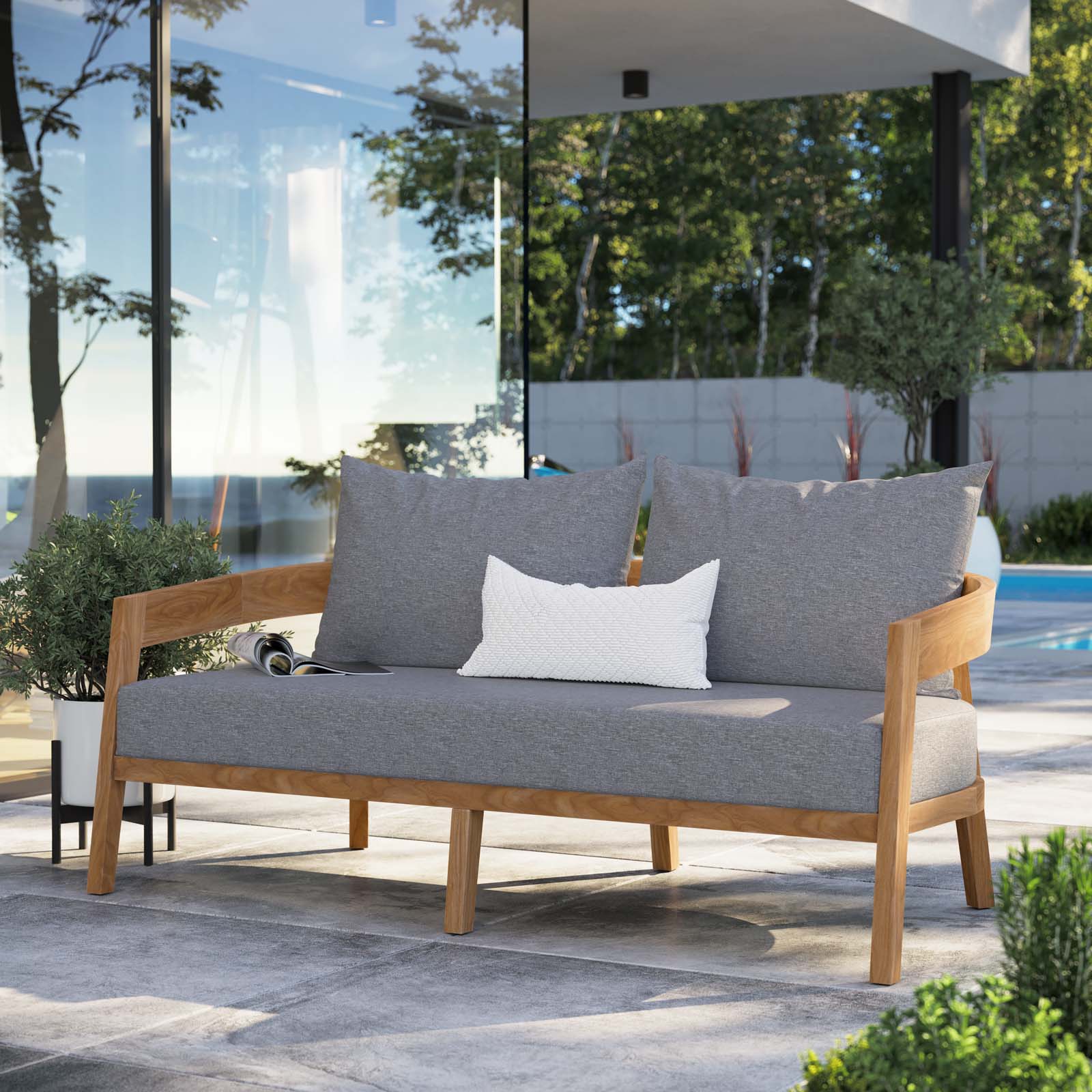Modway Outdoor Sofas - Brisbane Teak Wood Outdoor Patio Loveseat Natural Gray