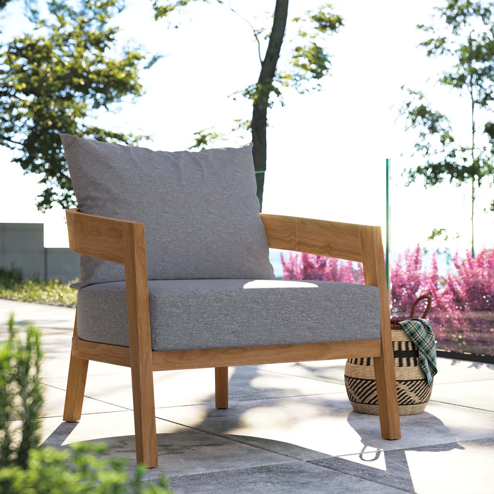 Modway Outdoor Chairs - Brisbane Teak Wood Outdoor Patio Armchair Natural Gray