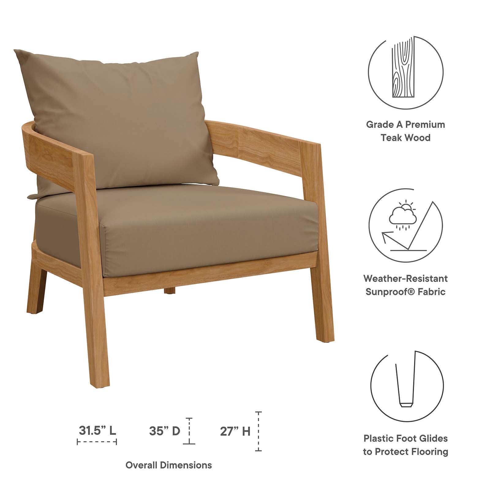 Modway Outdoor Chairs - Brisbane Teak Wood Outdoor Patio Armchair Natural Light Brown